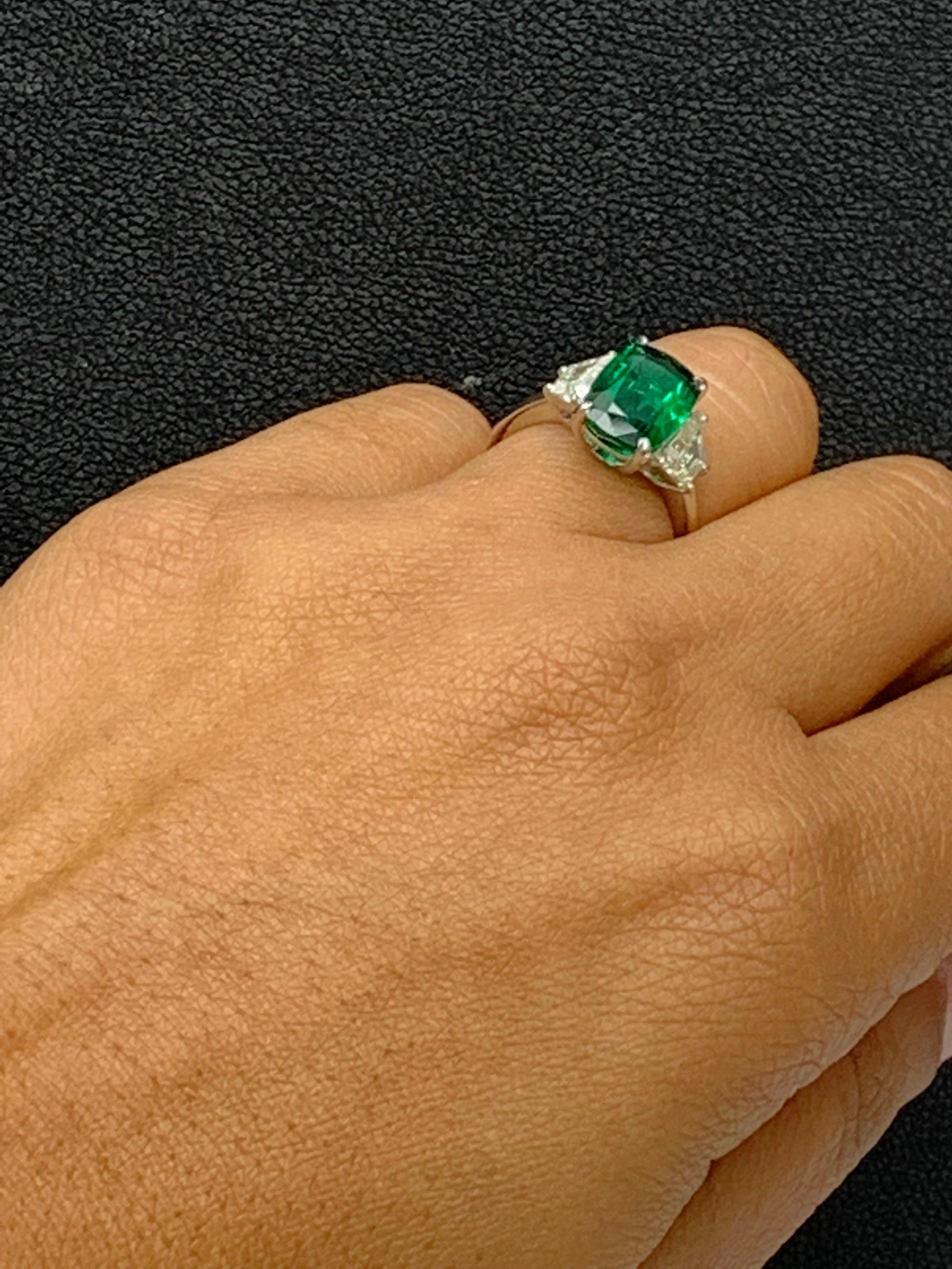 Women's 2.91 Carat Cushion Cut Emerald Diamond Three-Stone Engagement Ring in Platinum For Sale