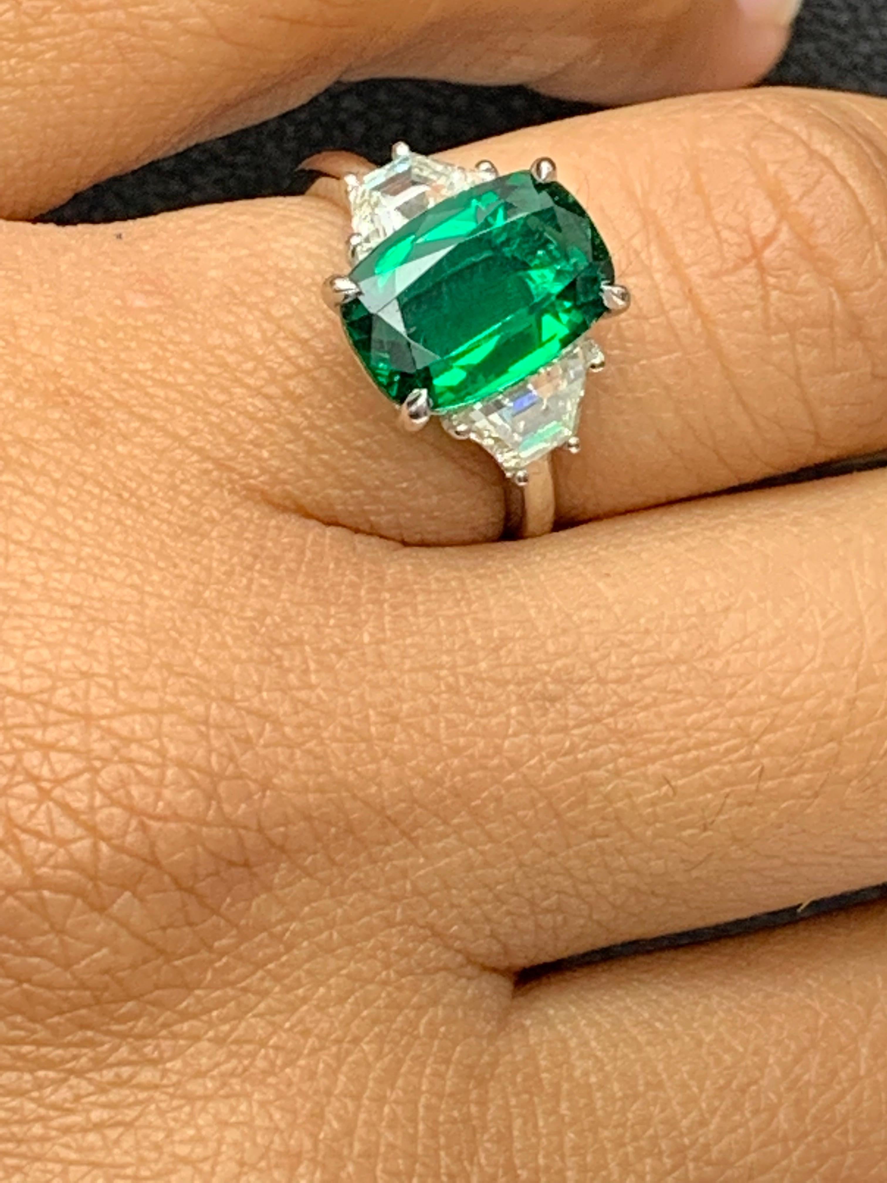 2.91 Carat Cushion Cut Emerald Diamond Three-Stone Engagement Ring in Platinum For Sale 1