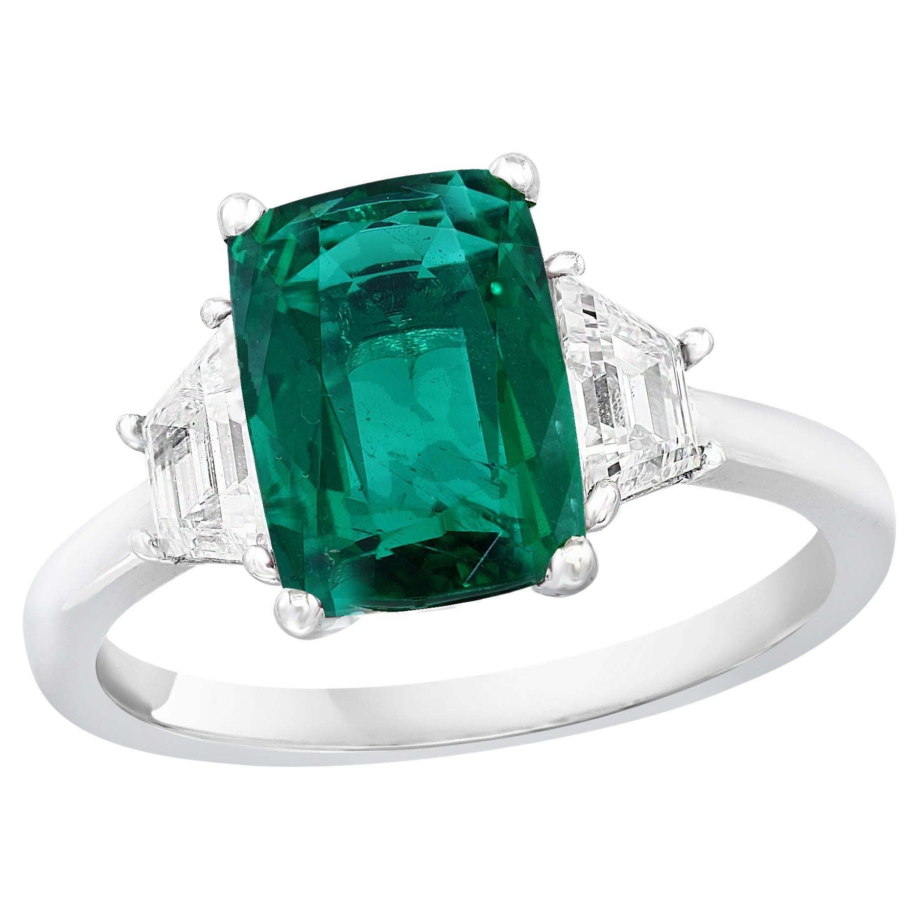 2.91 Carat Cushion Cut Emerald Diamond Three-Stone Engagement Ring in Platinum For Sale