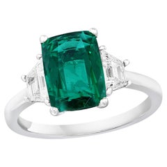 2.91 Carat Cushion Cut Emerald Diamond Three-Stone Engagement Ring in Platinum