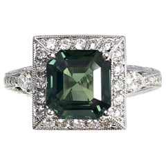 2.91 Carat Cushion Cut Green Sapphire and 0.51 Carat Diamond Ring