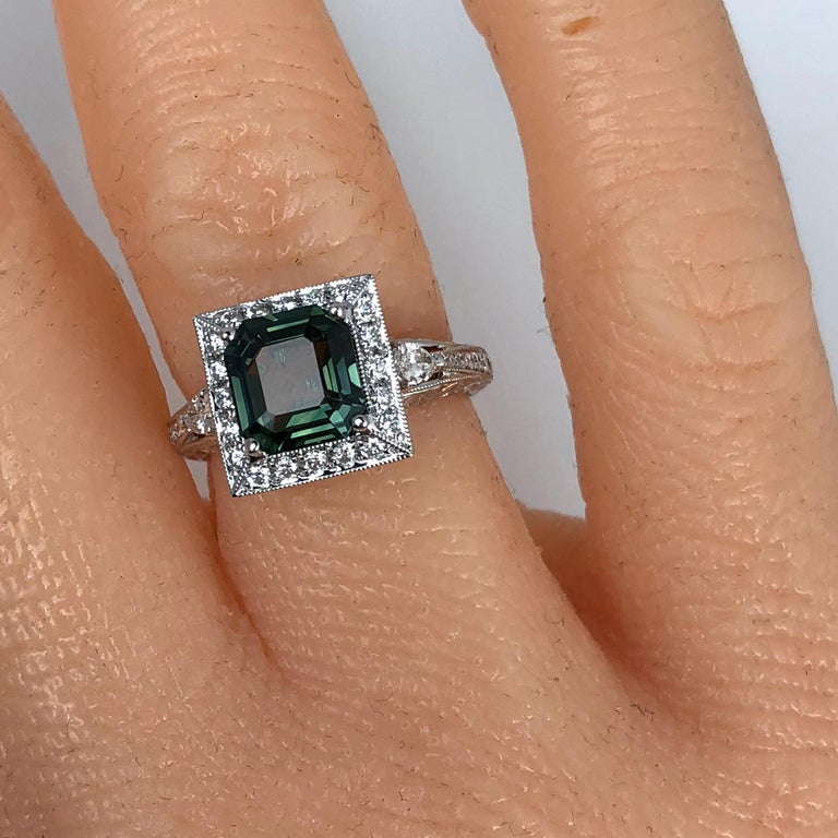2.91 Carat Cushion Cut Green Sapphire and 0.51 Carat Diamond Ring at
