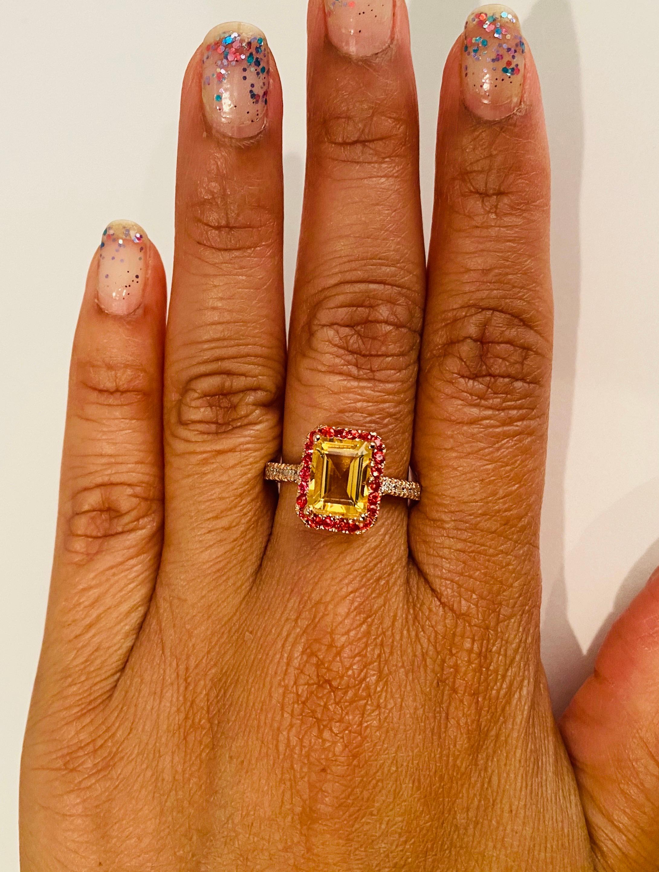 Bague de fiançailles en or 14 carats avec citrine taille émeraude de 2,91 carats, saphirs et diamants Unisexe en vente