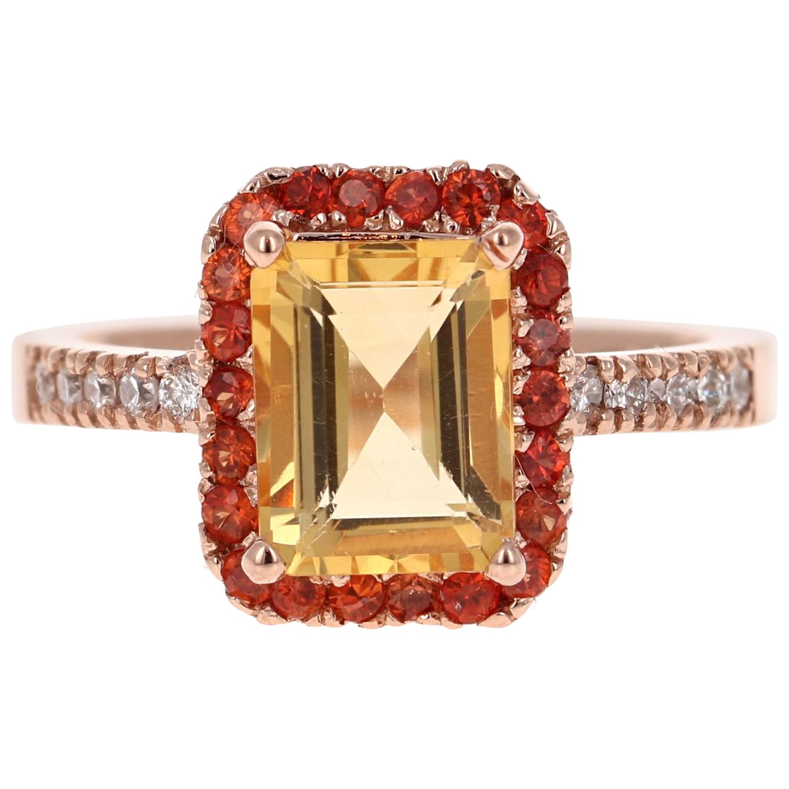 2.91 Carat Emerald Cut Citrine, Sapphire Diamond 14 Karat Gold Engagement Ring For Sale