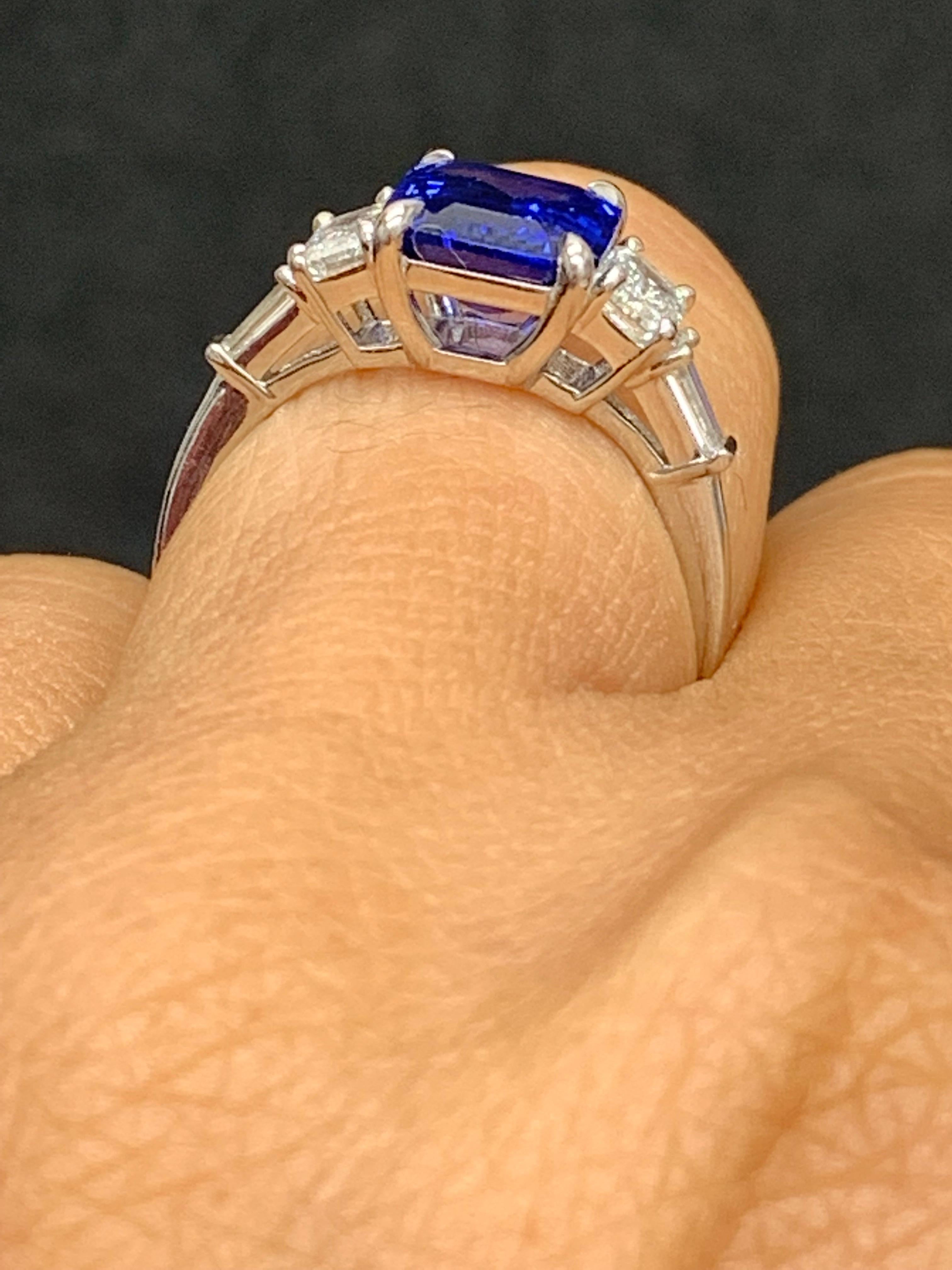 Modern 2.91 Carat Emerald Cut Sapphire and Diamond 5 Stone Ring in Platinum For Sale