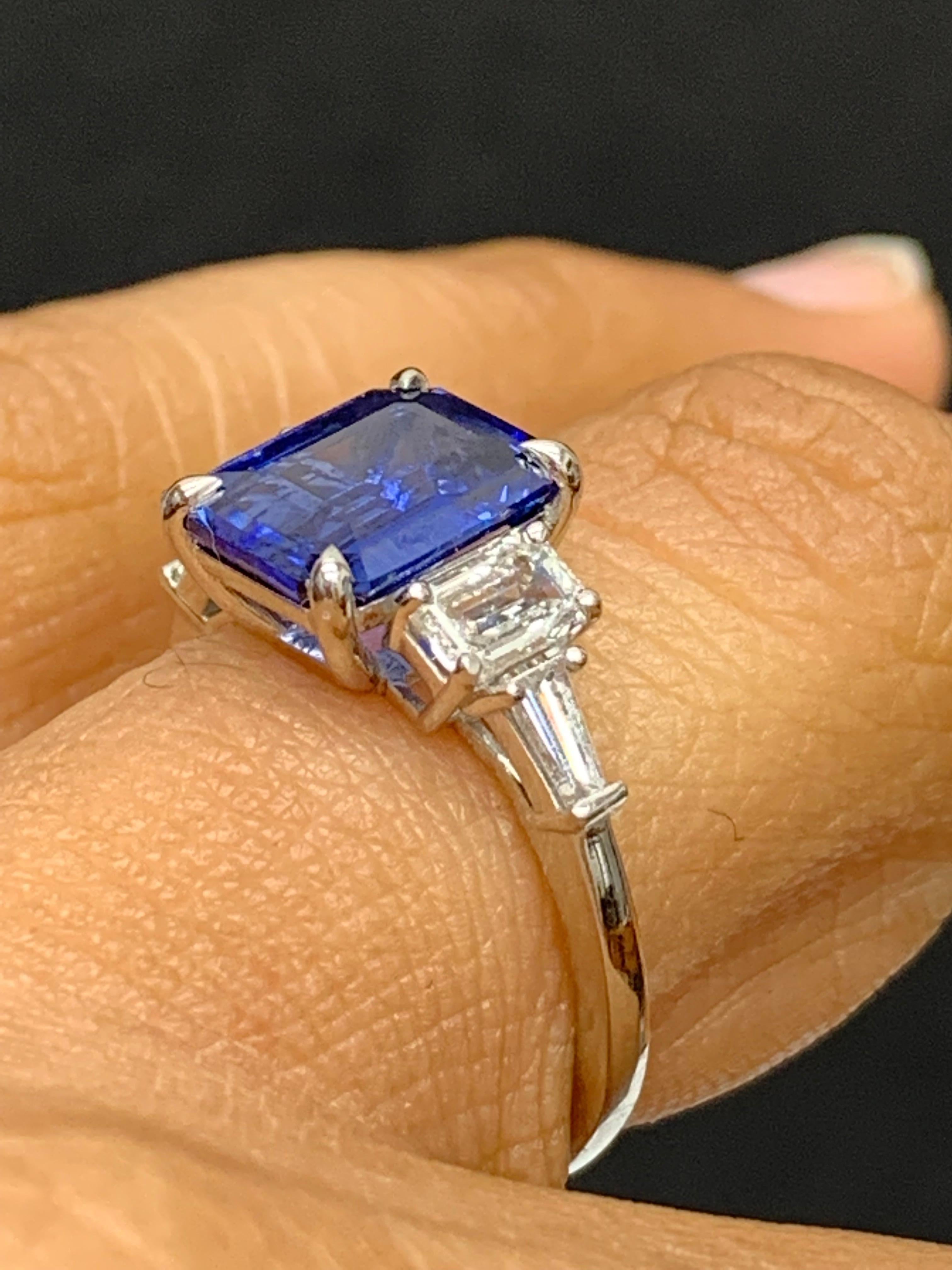 2.91 Carat Emerald Cut Sapphire and Diamond 5 Stone Ring in Platinum For Sale 1