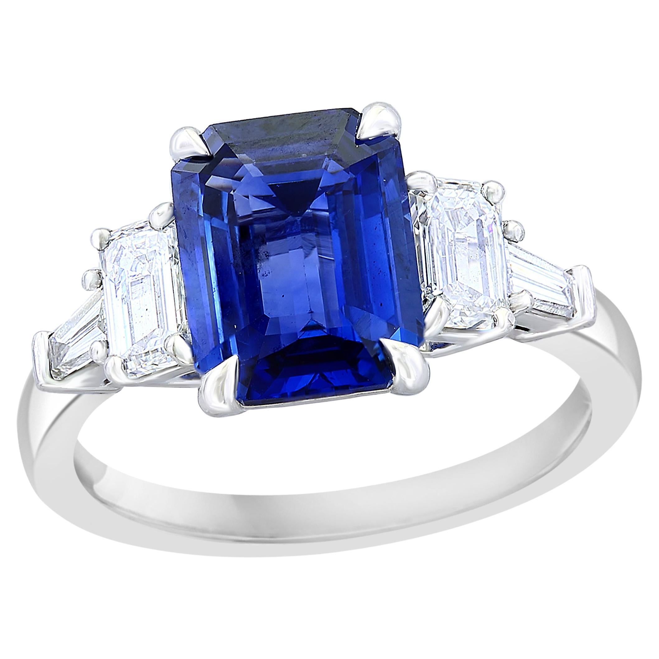 2.91 Carat Emerald Cut Sapphire and Diamond 5 Stone Ring in Platinum For Sale