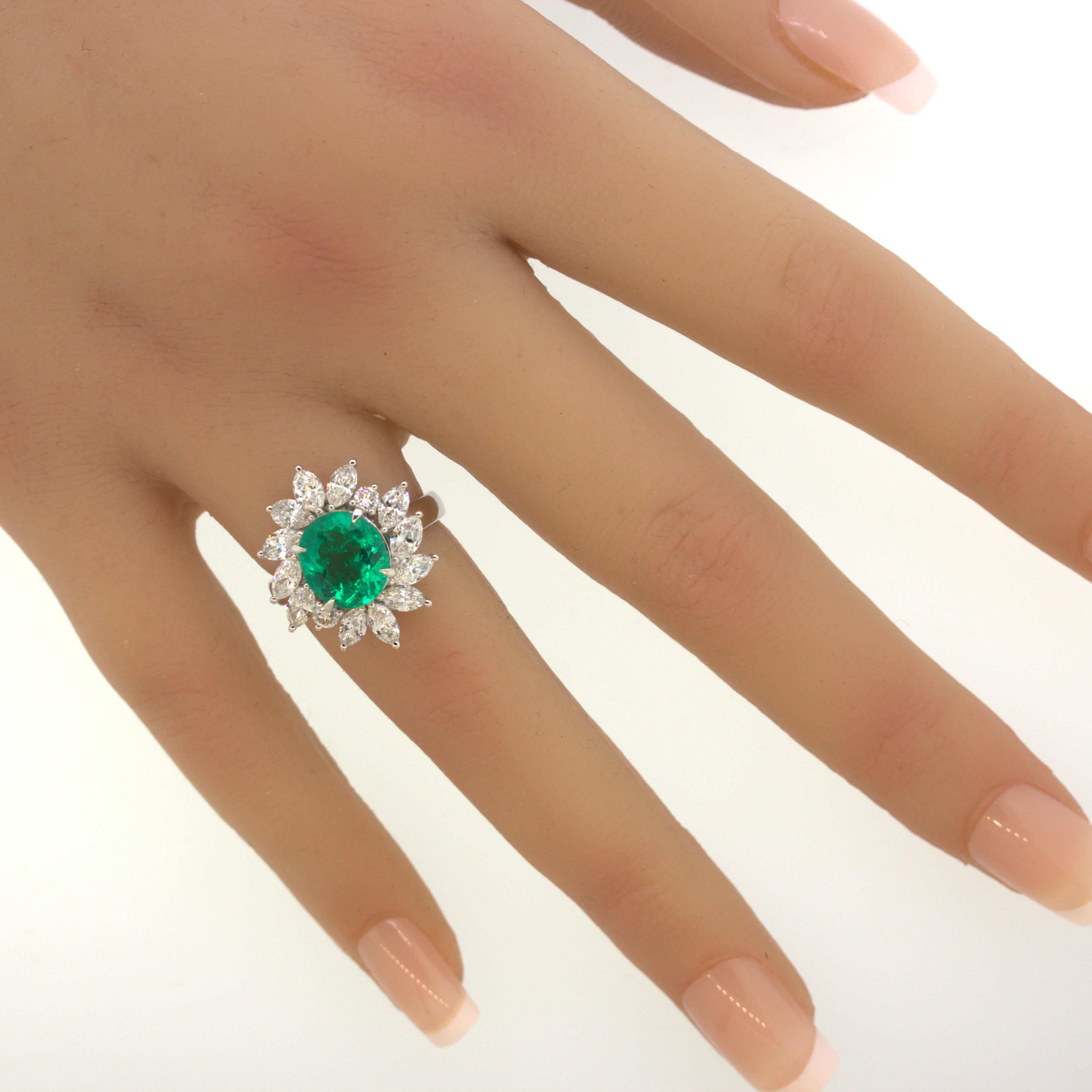 2.91 Carat Emerald Diamond Floral Platinum Ring For Sale 5