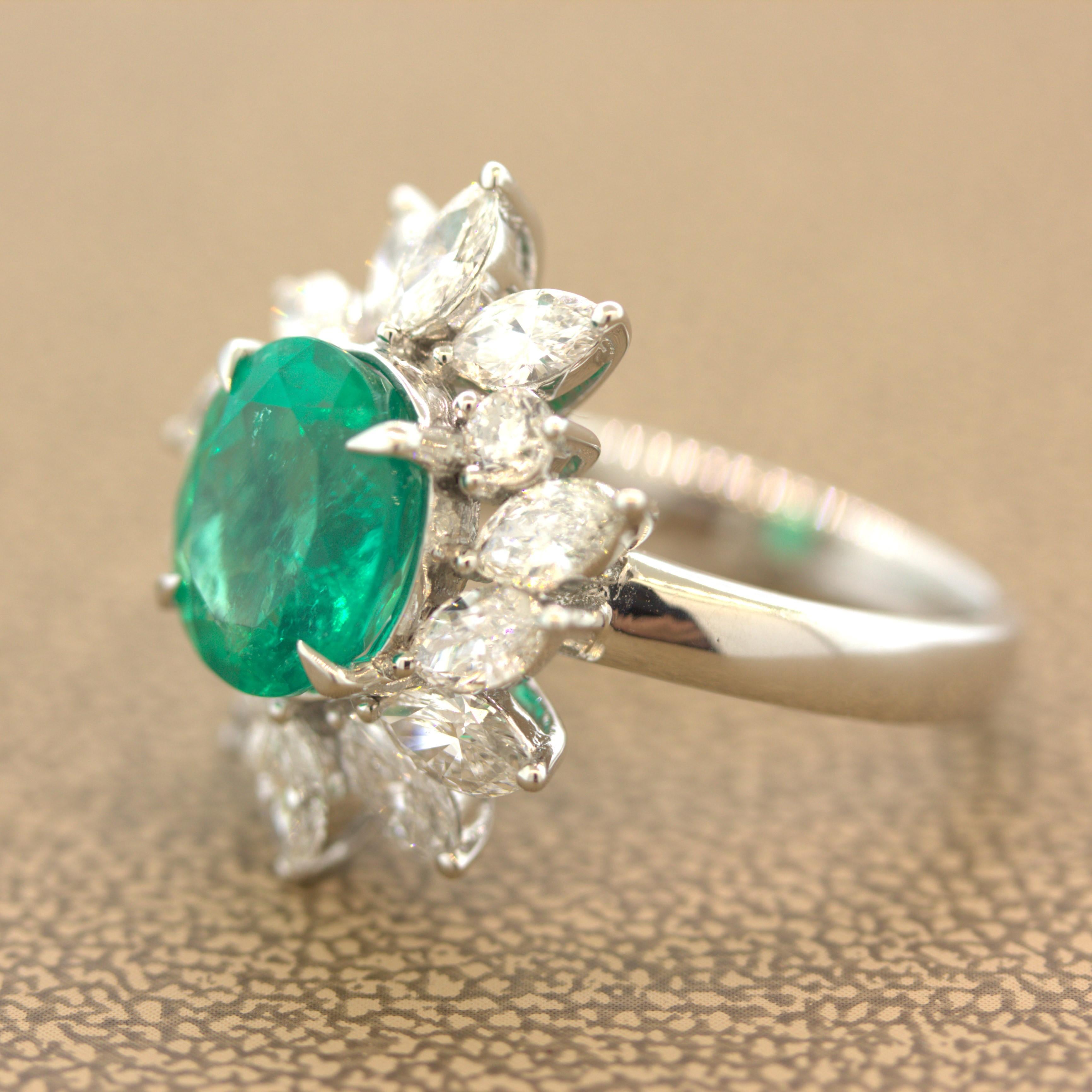 Oval Cut 2.91 Carat Emerald Diamond Floral Platinum Ring For Sale