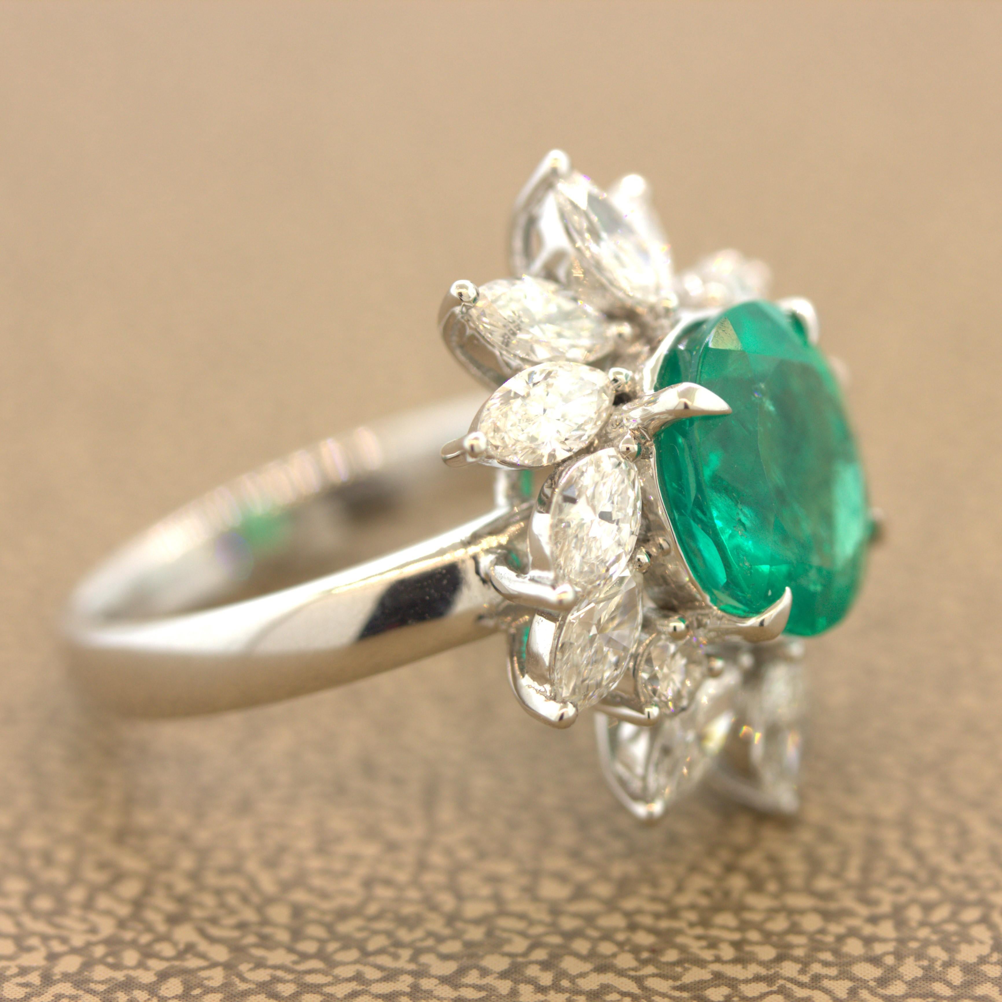 2.91 Carat Emerald Diamond Floral Platinum Ring In New Condition For Sale In Beverly Hills, CA