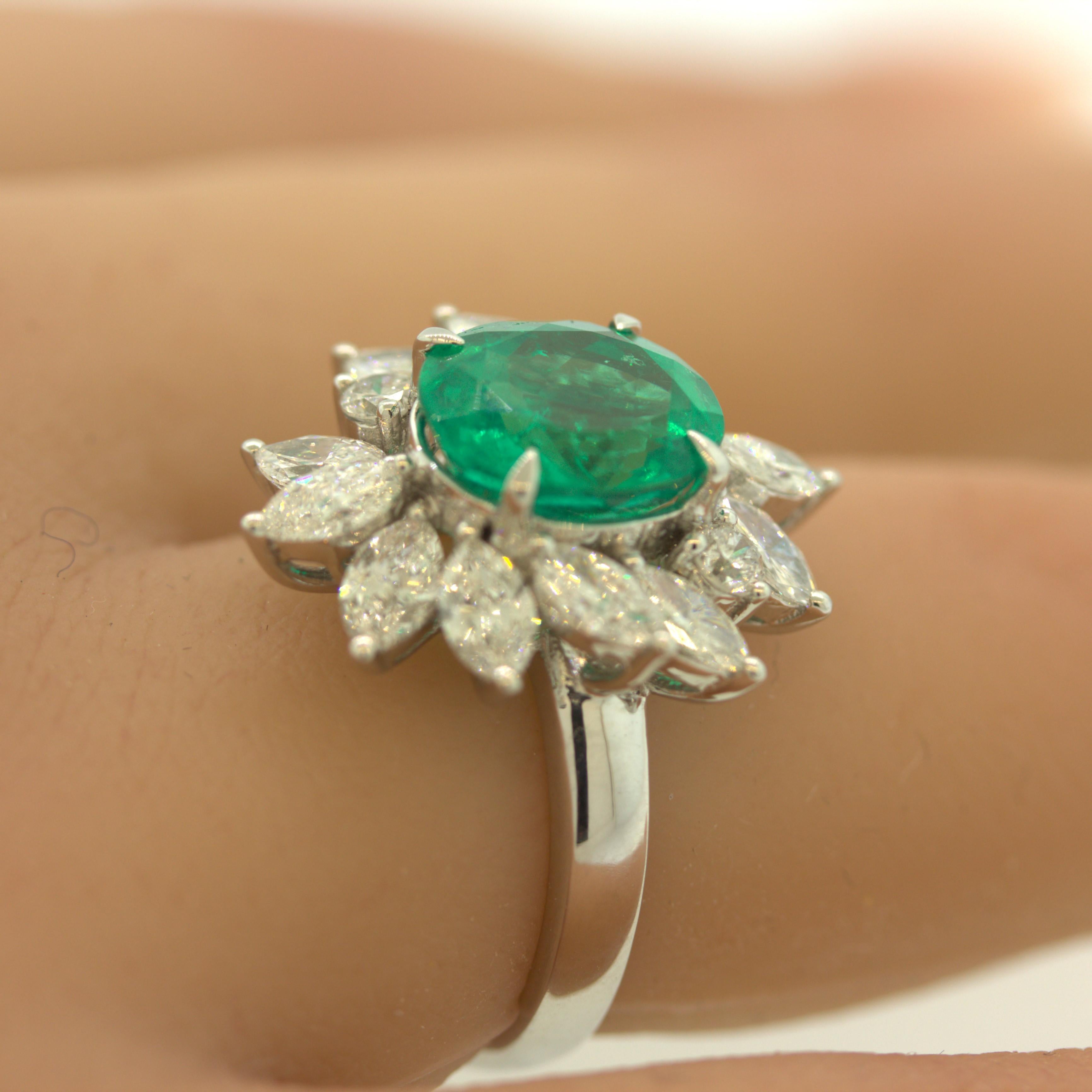 Men's 2.91 Carat Emerald Diamond Floral Platinum Ring For Sale