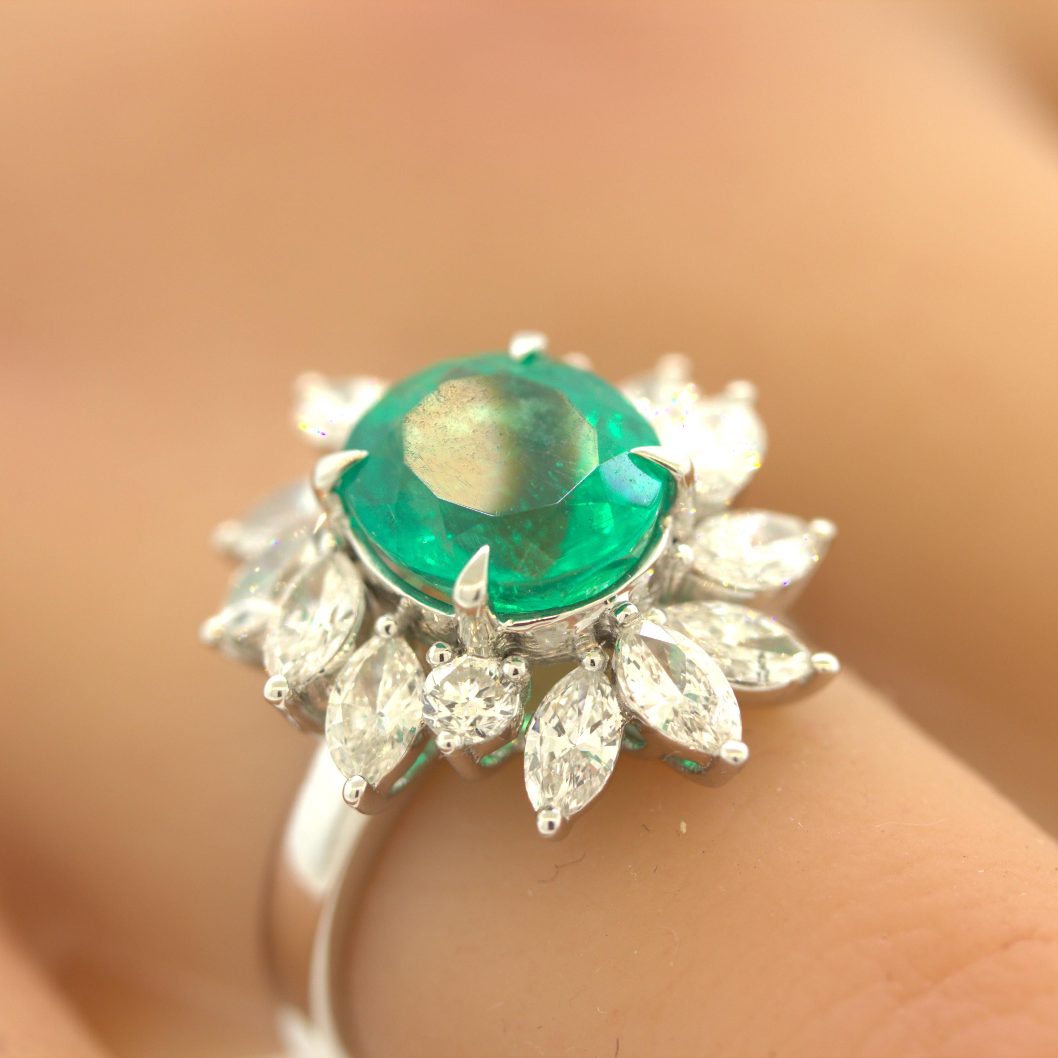 2.91 Carat Emerald Diamond Floral Platinum Ring For Sale 1