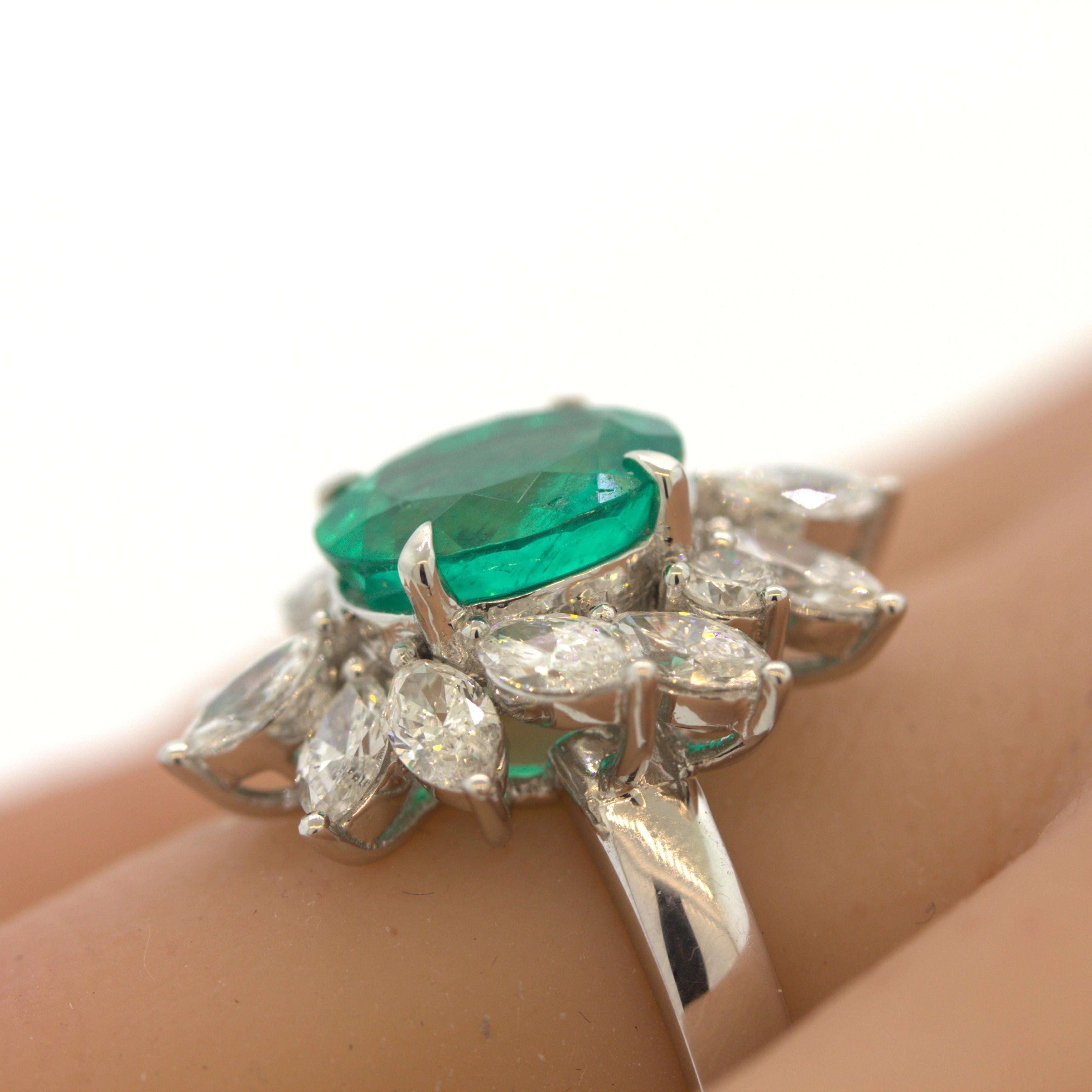 2.91 Carat Emerald Diamond Floral Platinum Ring For Sale 2