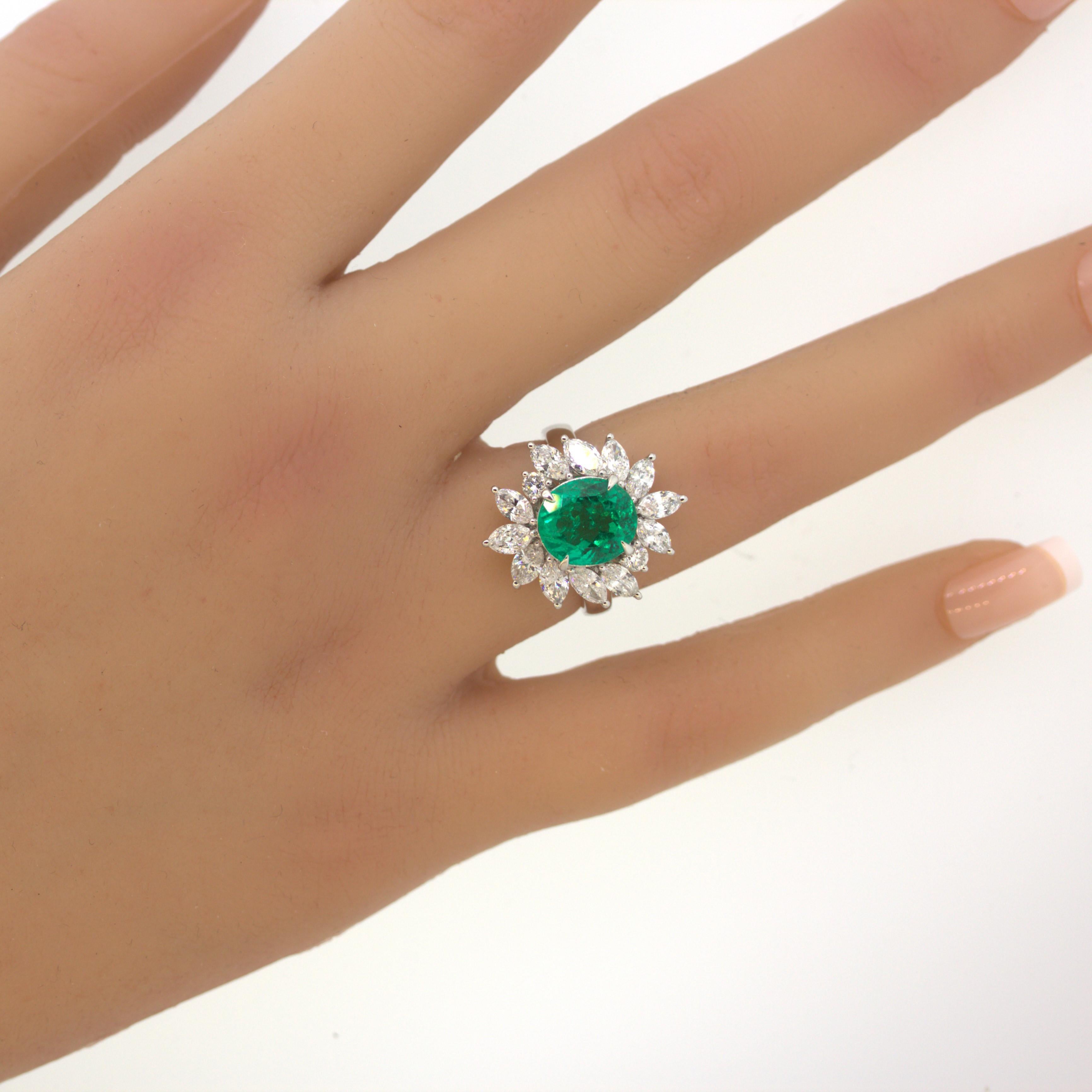 2.91 Carat Emerald Diamond Floral Platinum Ring For Sale 3