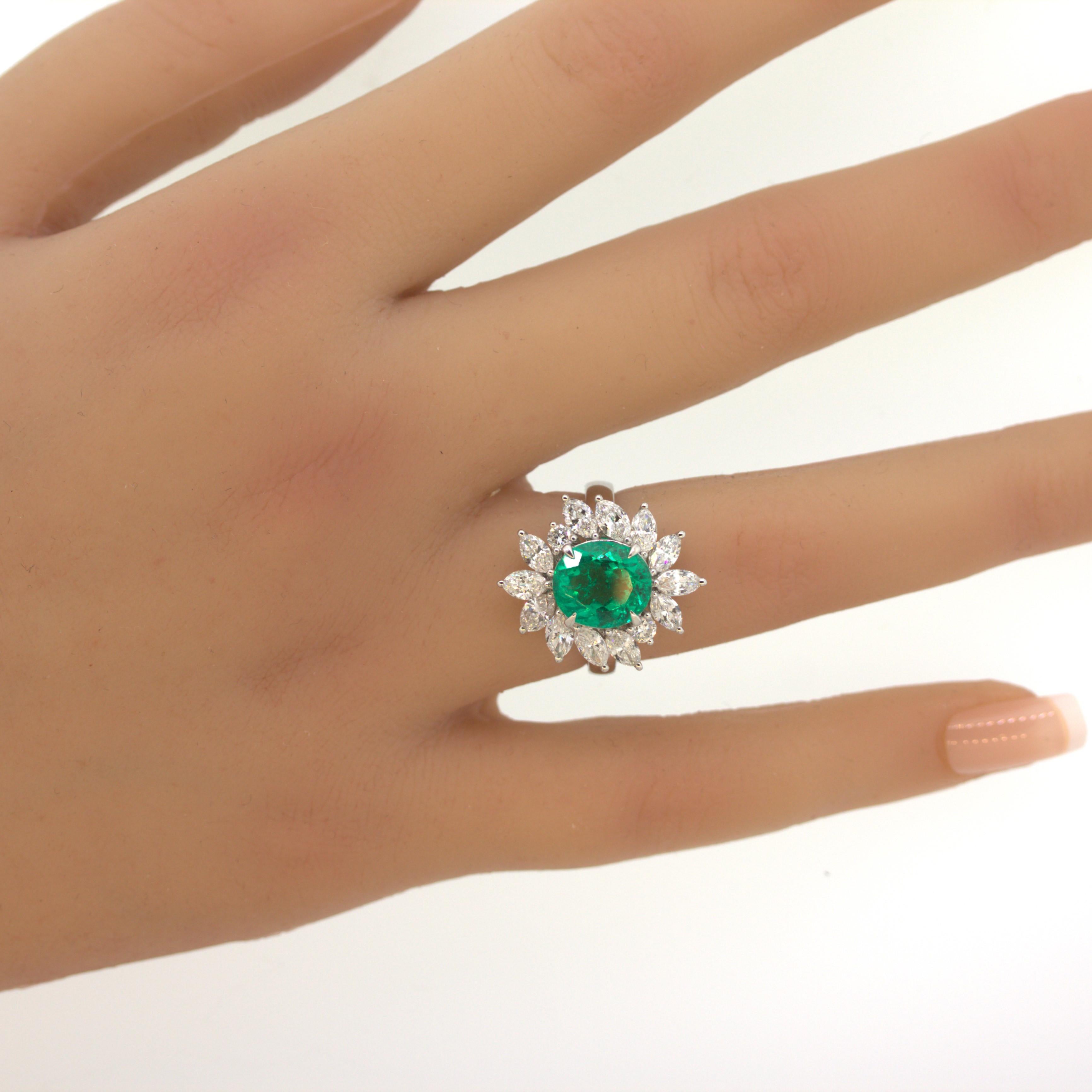 2.91 Carat Emerald Diamond Floral Platinum Ring For Sale 4