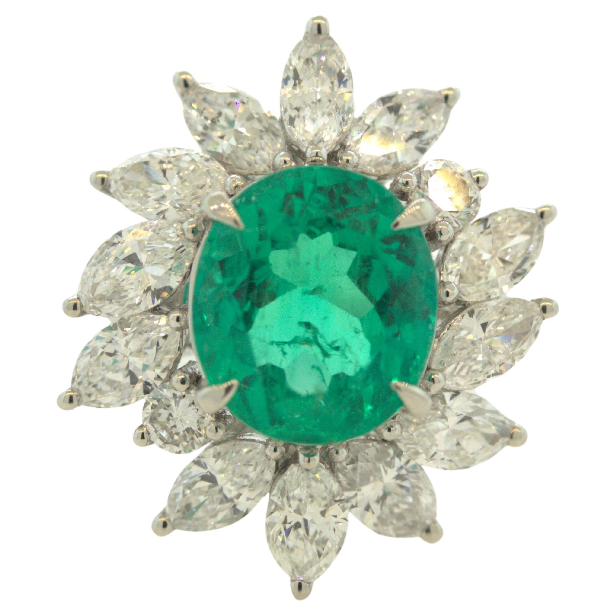 2.91 Carat Emerald Diamond Floral Platinum Ring