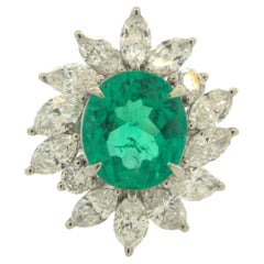2.91 Carat Emerald Diamond Floral Platinum Ring