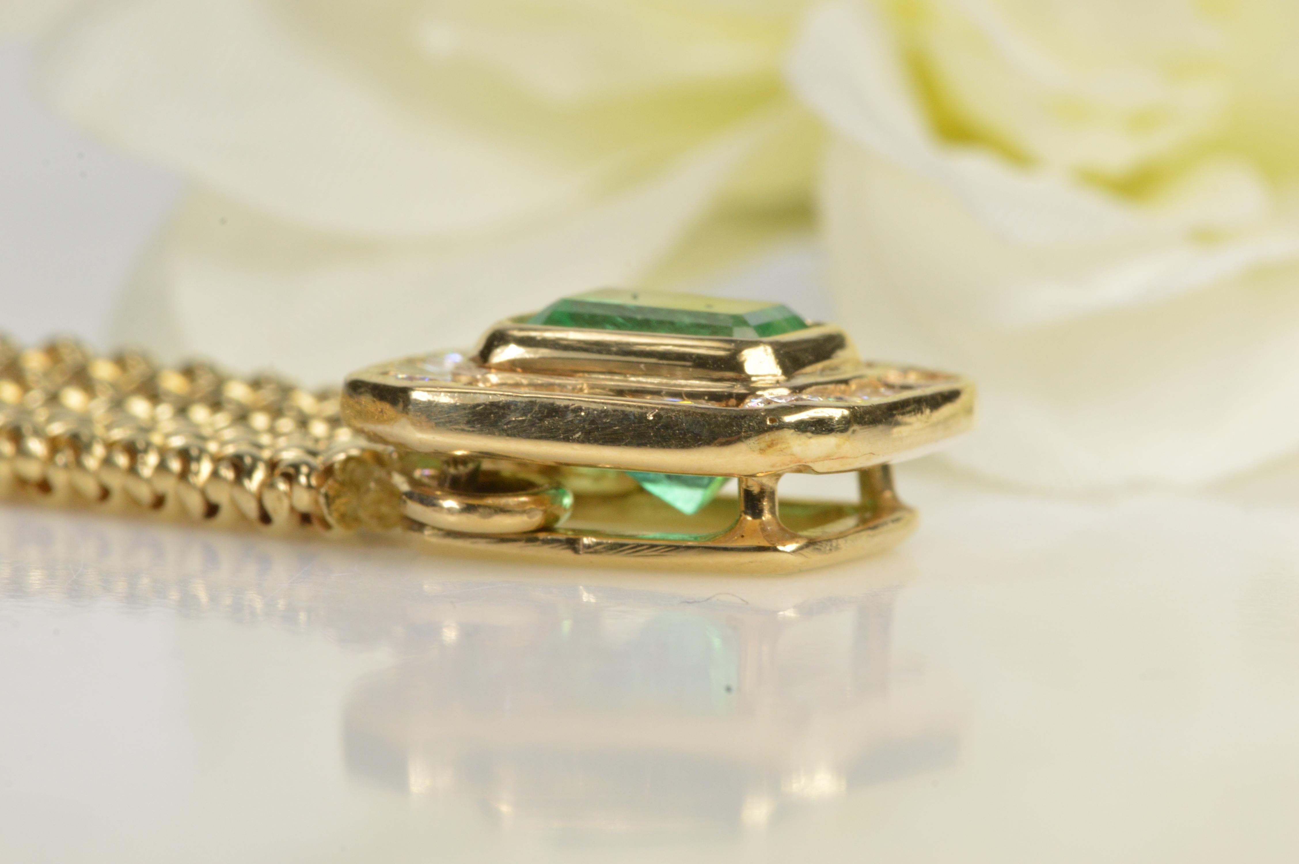 Emerald Cut 2.91 Carat Emerald Diamond Gold Halo Necklace For Sale