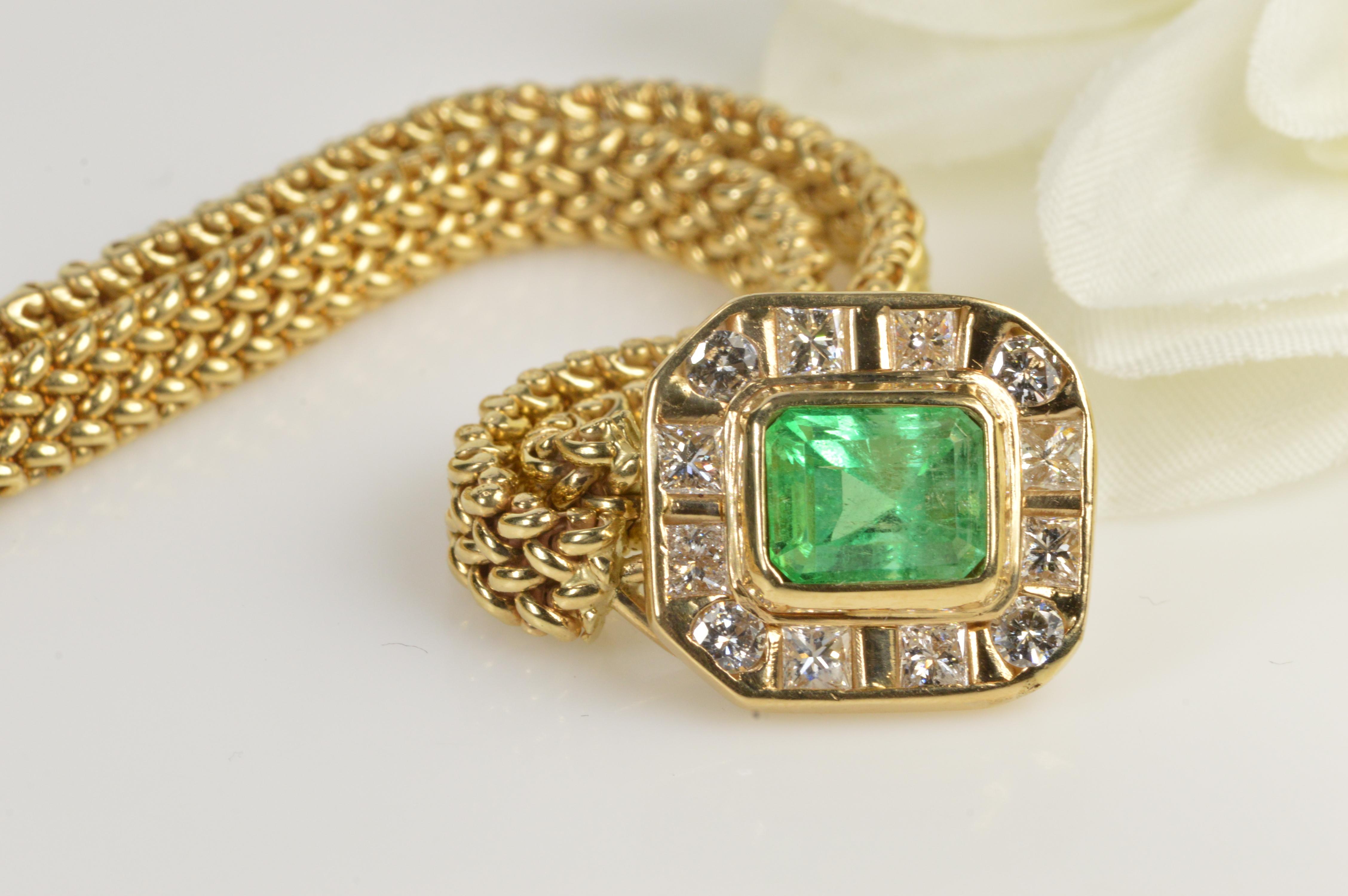 2.91 Carat Emerald Diamond Gold Halo Necklace In Excellent Condition For Sale In Frederick, MD