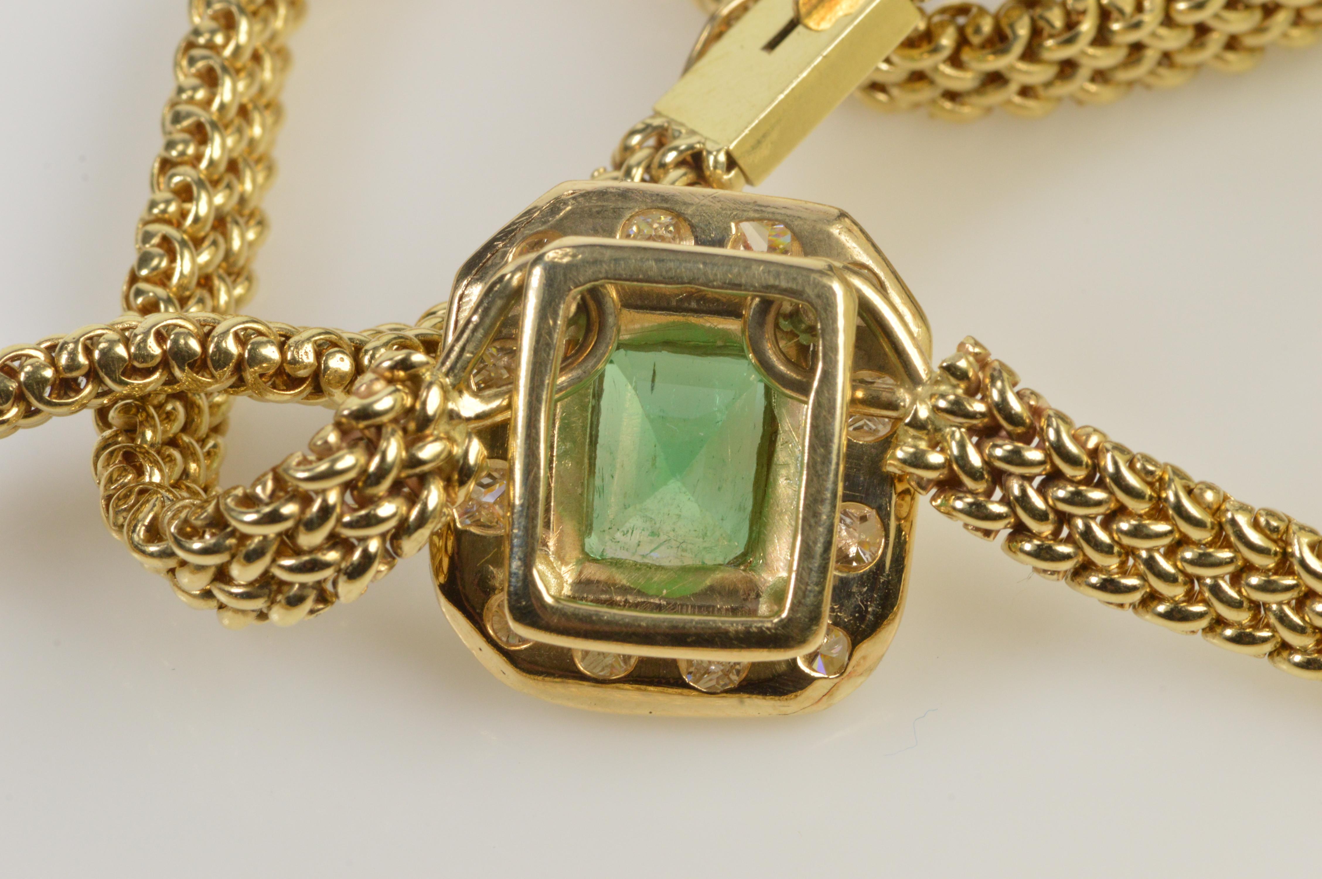 2.91 Carat Emerald Diamond Gold Halo Necklace For Sale 1