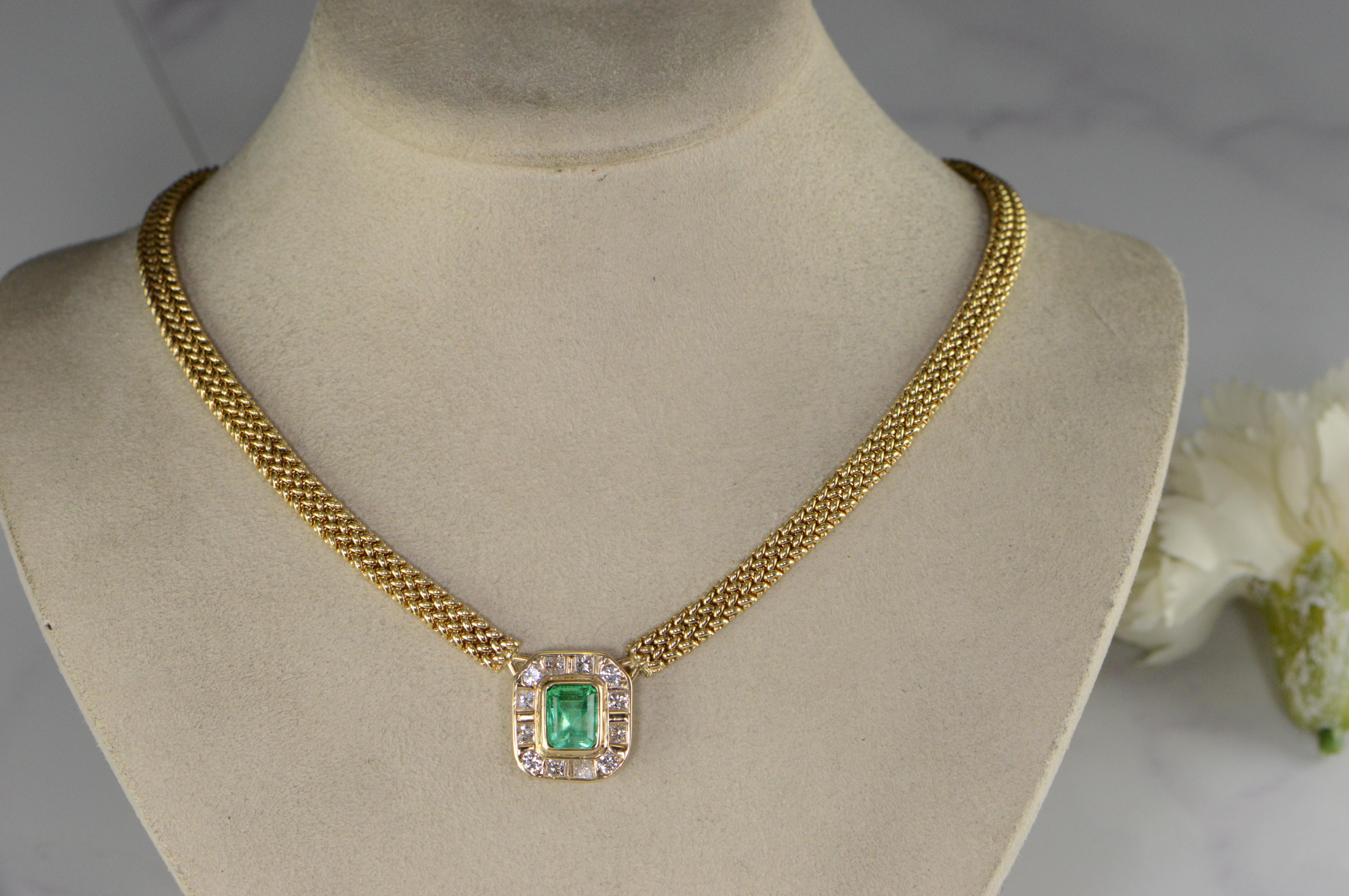 2.91 Carat Emerald Diamond Gold Halo Necklace For Sale 2