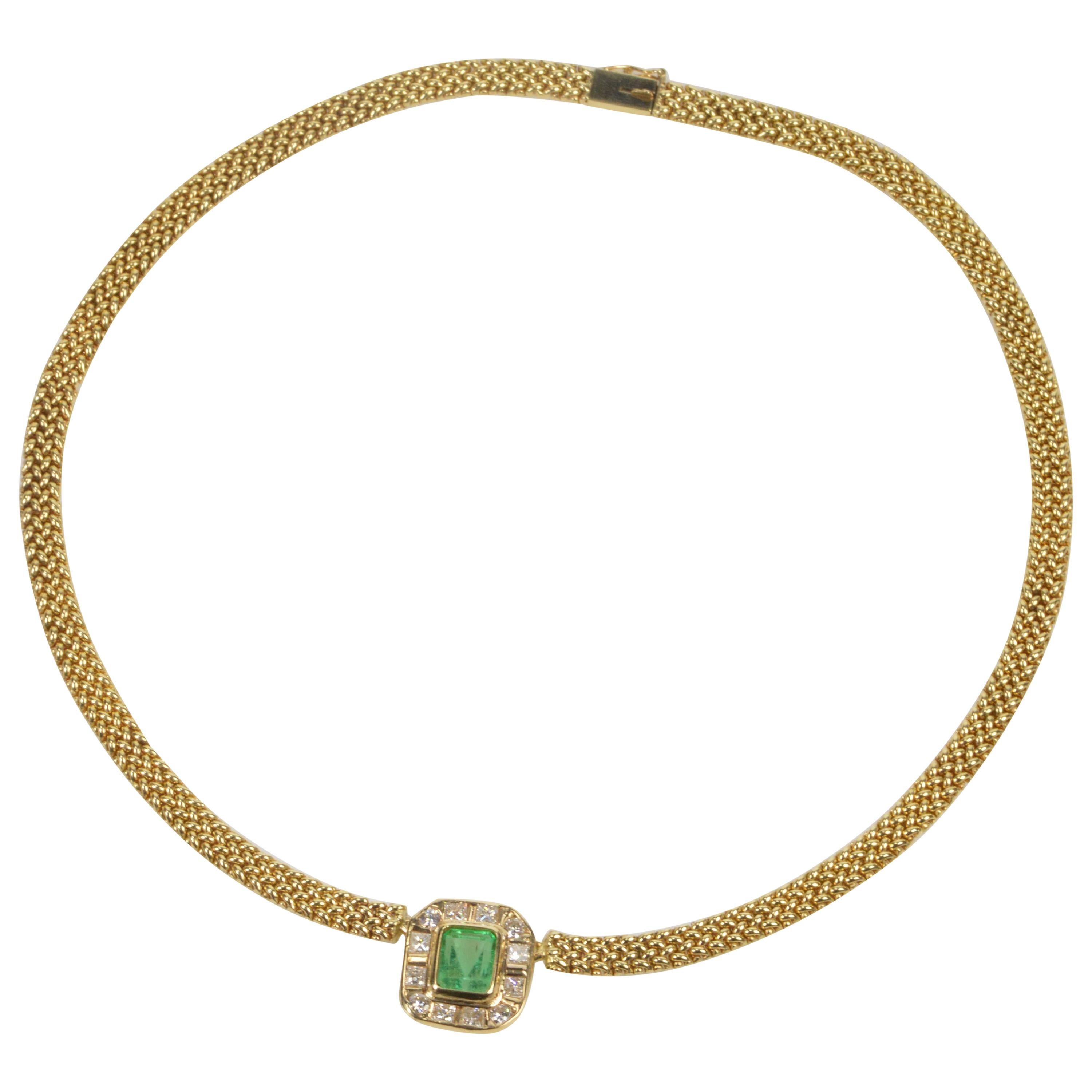 2.91 Carat Emerald Diamond Gold Halo Necklace For Sale