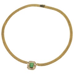 Vintage 2.91 Carat Emerald Diamond Gold Halo Necklace