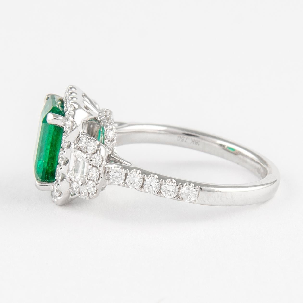 Emerald Cut 2.91 Carat Emerald with Diamond Three Stone Halo Ring 18 Karat Gold