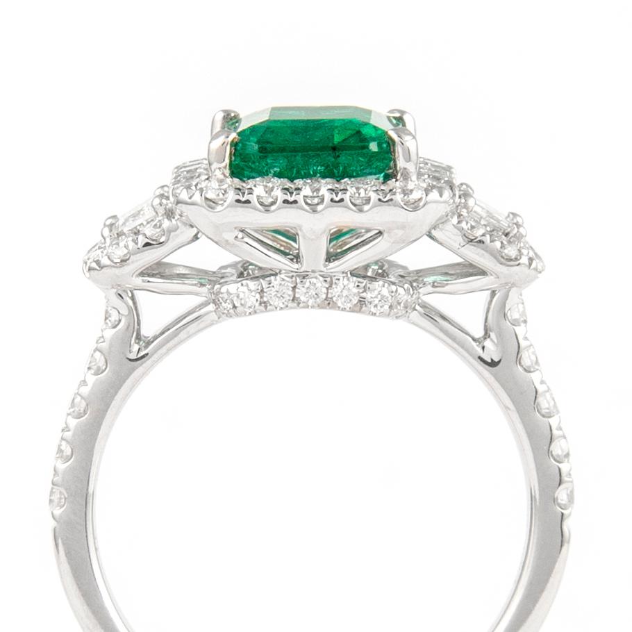 Women's 2.91 Carat Emerald with Diamond Three Stone Halo Ring 18 Karat Gold