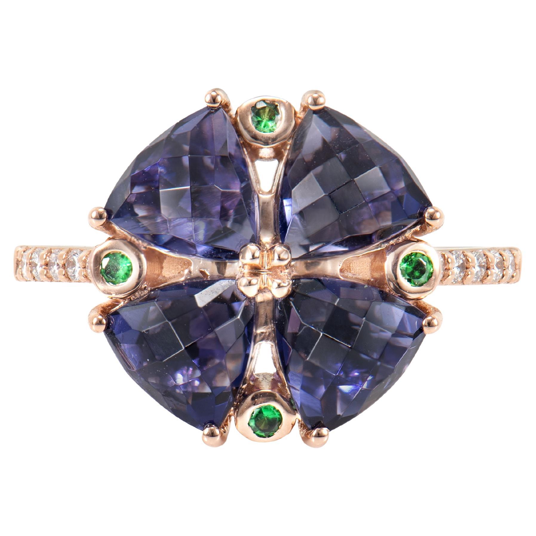 2.91 Carat Iolite Fancy Ring in 18K Rose Gold with Tsavorite and White Diamond For Sale