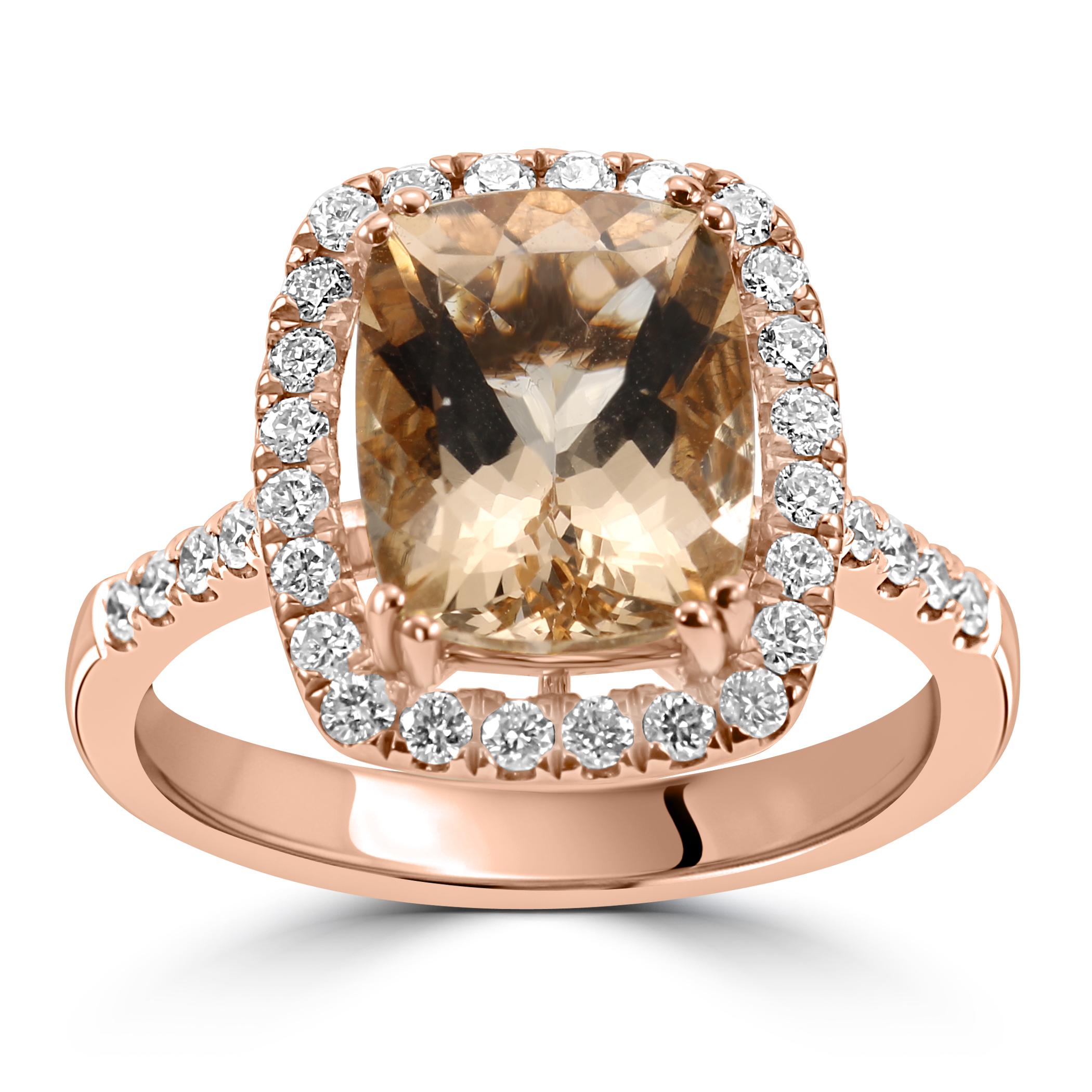 The centerpiece of this enchanting ring is the Morganite, selected for its exquisite peachy-pink hue and size. Morganite is the known as the stone for love and tenderness, weighing 2.91 carats, this Morganite captures the essence of a romantic