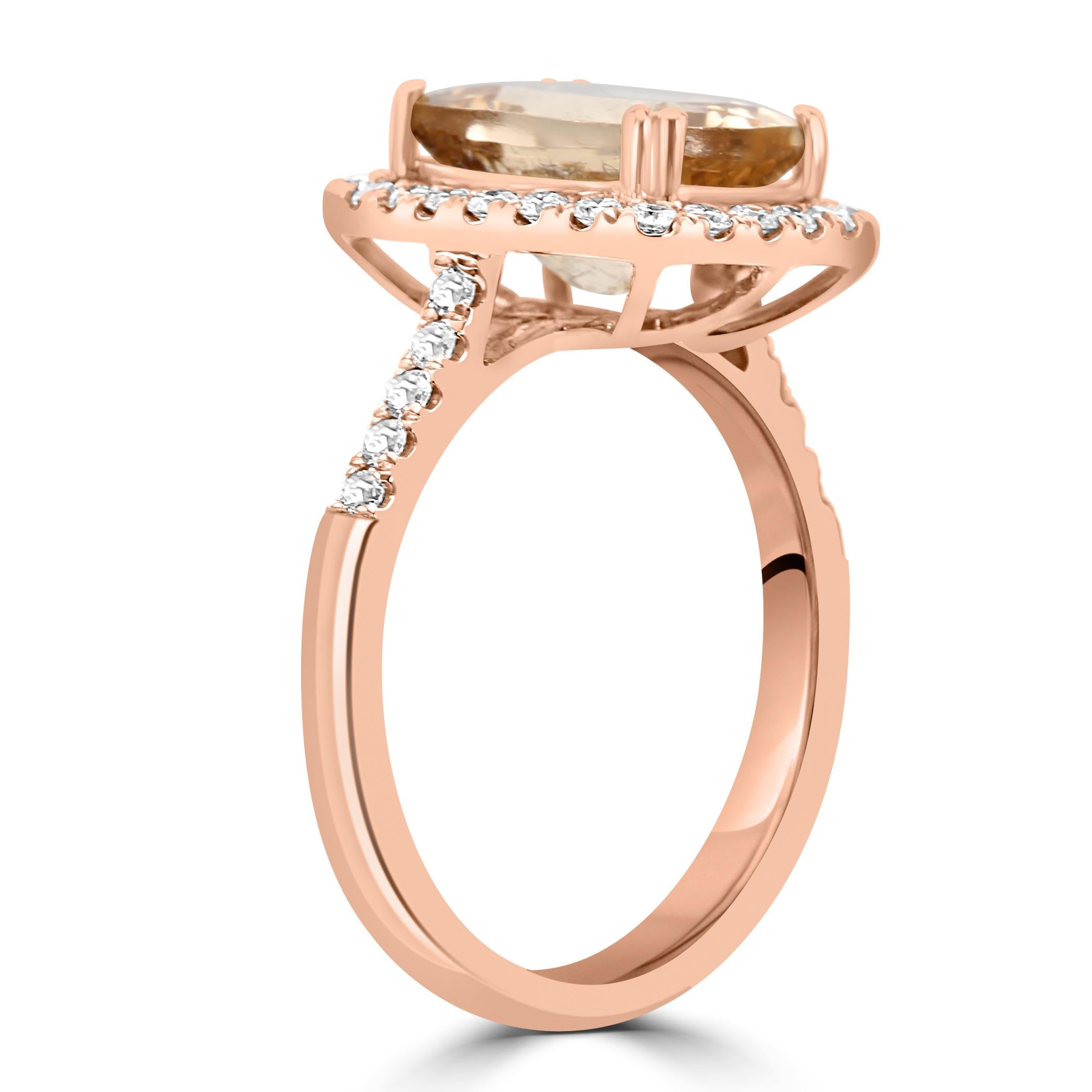 2.91 Carat Morganite White Diamond Round 14K Rose Gold Engagement Ring In New Condition For Sale In New York, NY