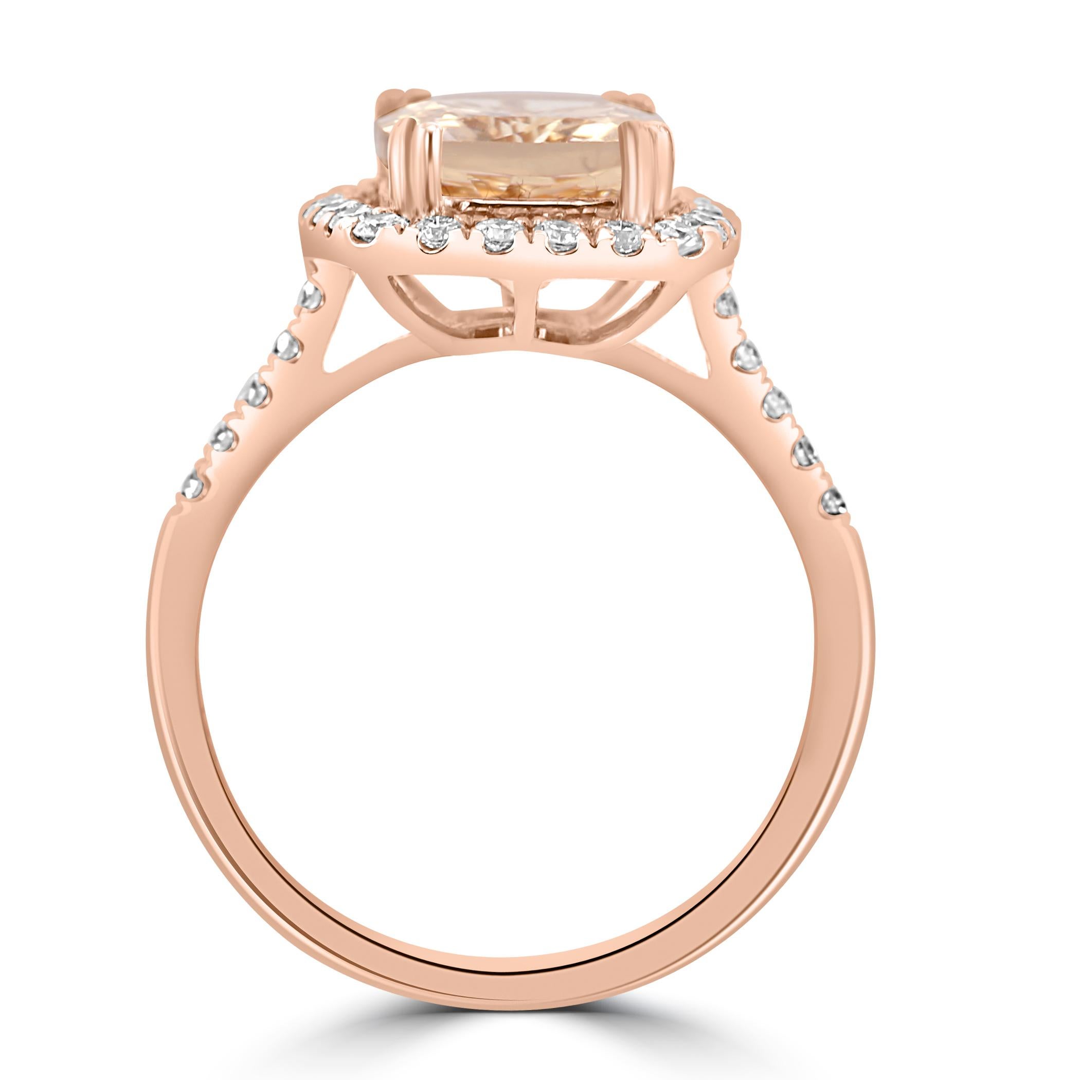 Women's or Men's 2.91 Carat Morganite White Diamond Round 14K Rose Gold Engagement Ring For Sale