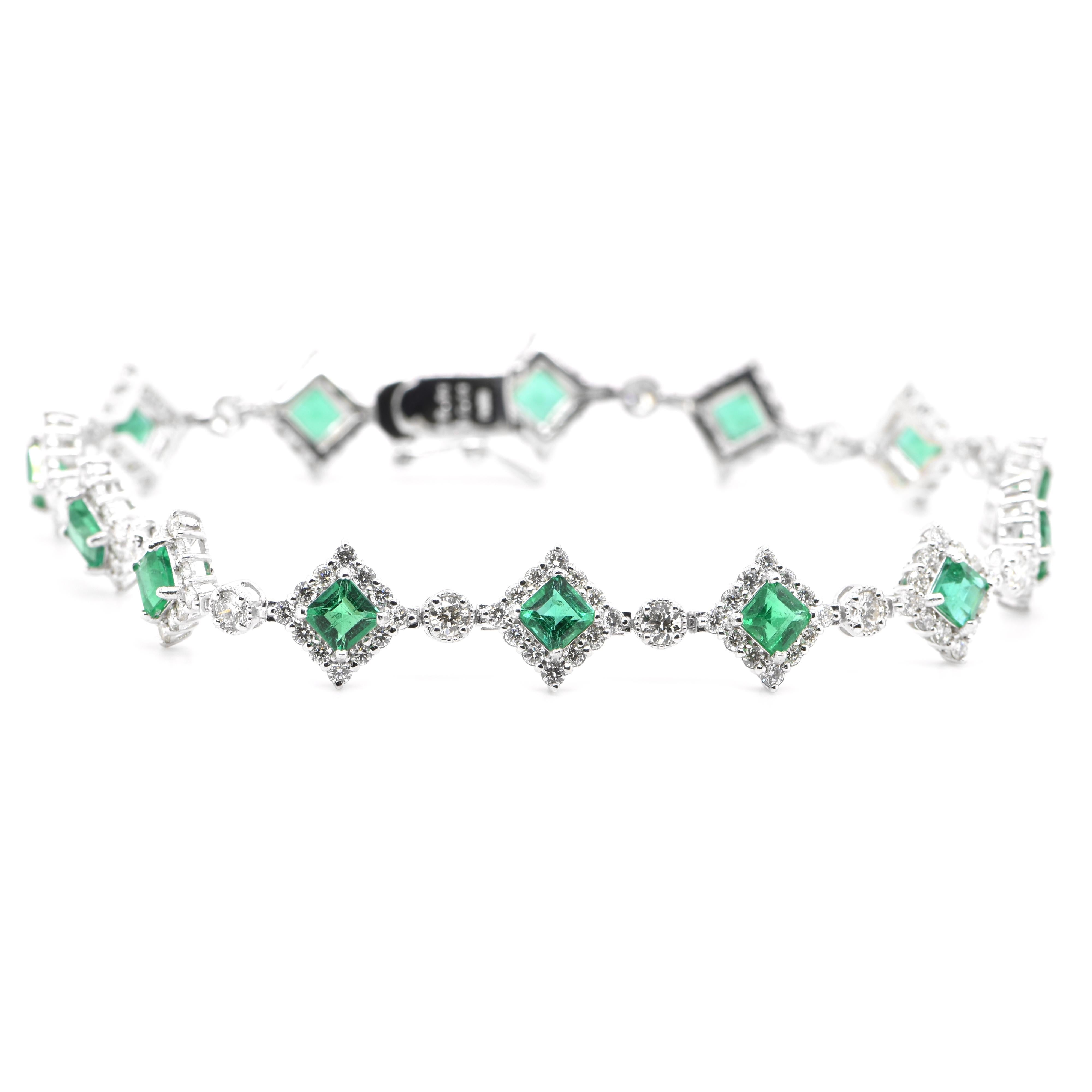 A beautiful Tennis Bracelet featuring a total of 2.91 Carats of Natural Emeralds and 2.41 Carats of Diamond Accents set in Platinum. The Emerald are of 5x3mm size. People have admired emerald’s green for thousands of years. Emeralds have always been