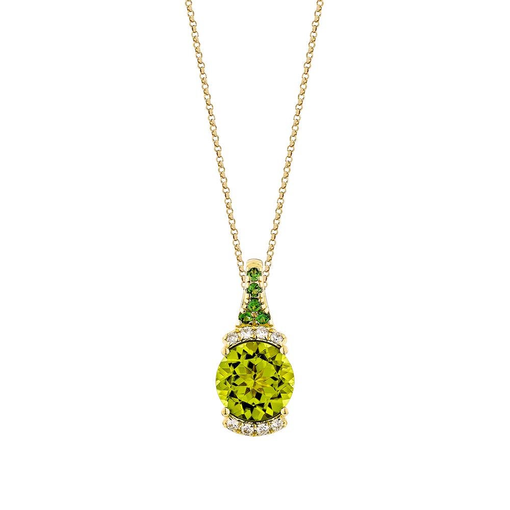 This collection features a selection of the most Olivia hue peridot gemstone. Uniquely designed this pendant with tsavorite and diamonds in Yellow gold to present a rich and regal look.

Peridot Pendant in 18Karat Yellow Gold with Tsavorite and
