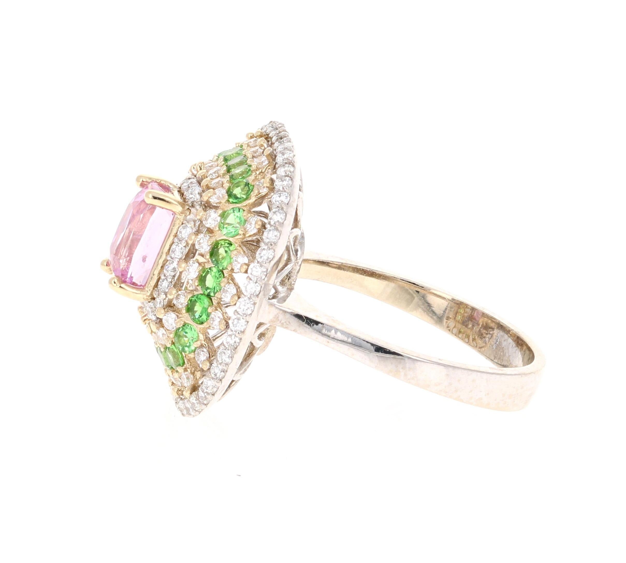 Contemporary 2.91 Carat Pink Sapphire Tsavorite Diamond 14 Karat White Gold Ring GIA Cert For Sale