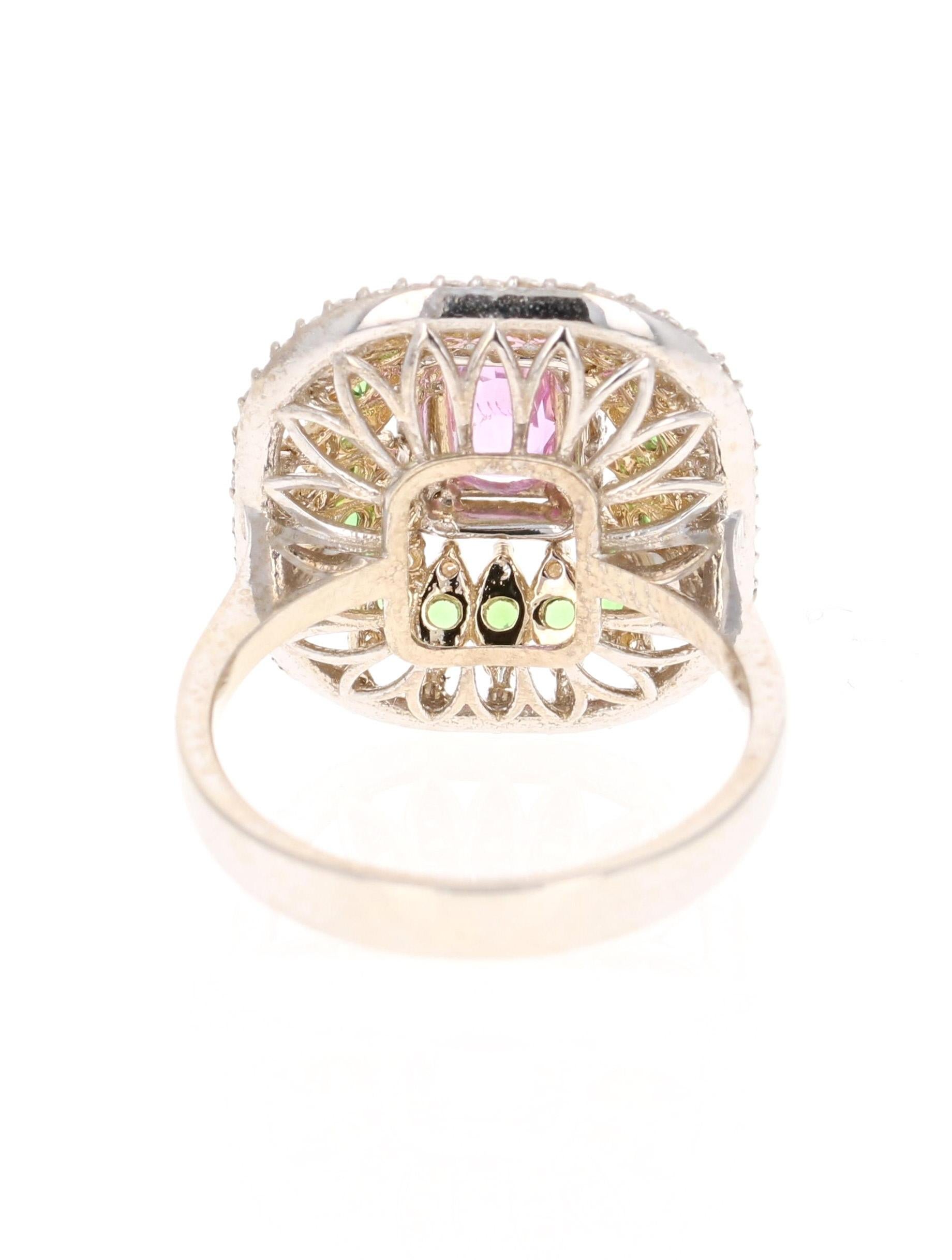 Emerald Cut 2.91 Carat Pink Sapphire Tsavorite Diamond 14 Karat White Gold Ring GIA Cert For Sale