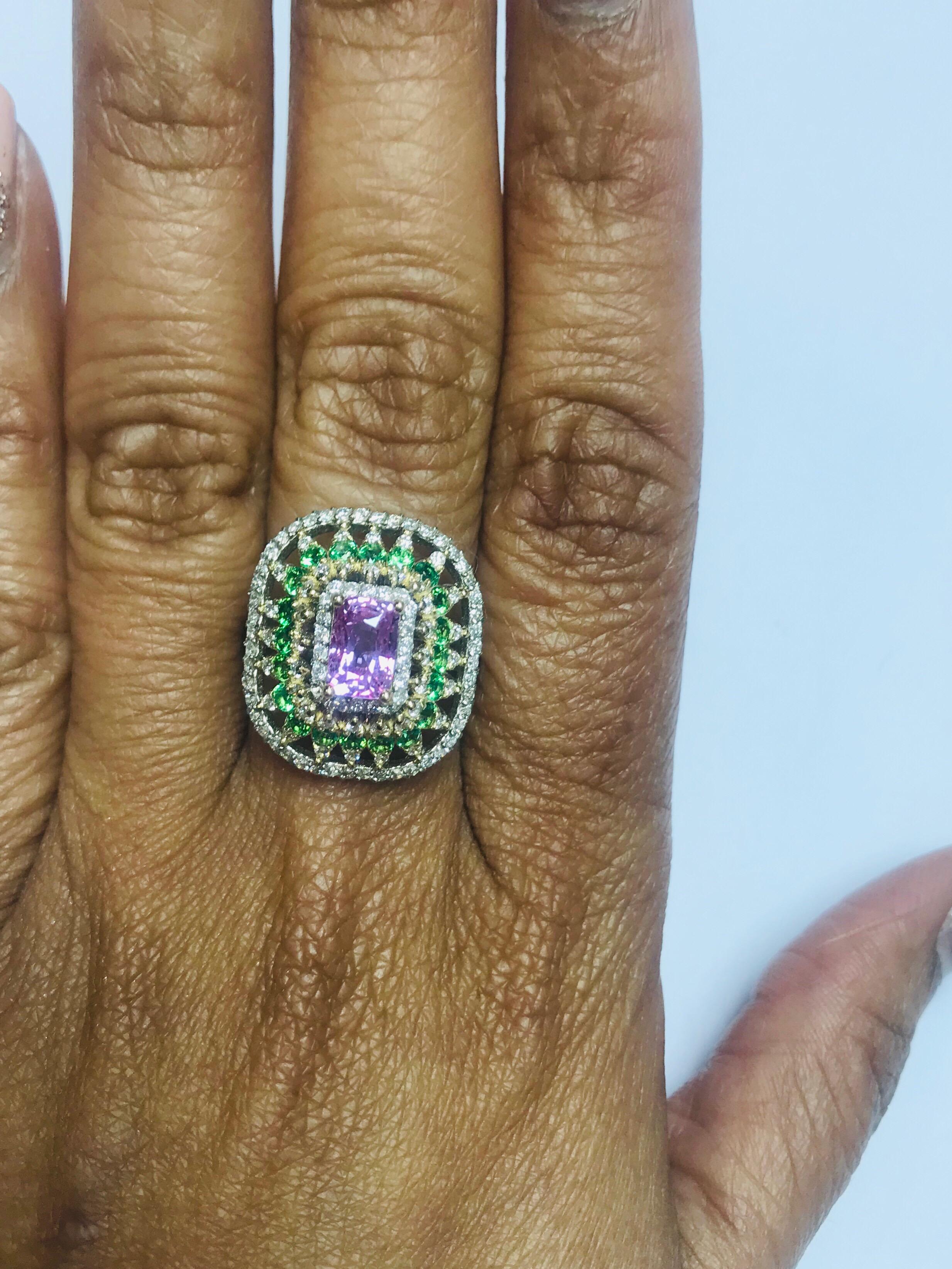 2.91 Carat Pink Sapphire Tsavorite Diamond 14 Karat White Gold Ring GIA Cert In New Condition For Sale In Los Angeles, CA