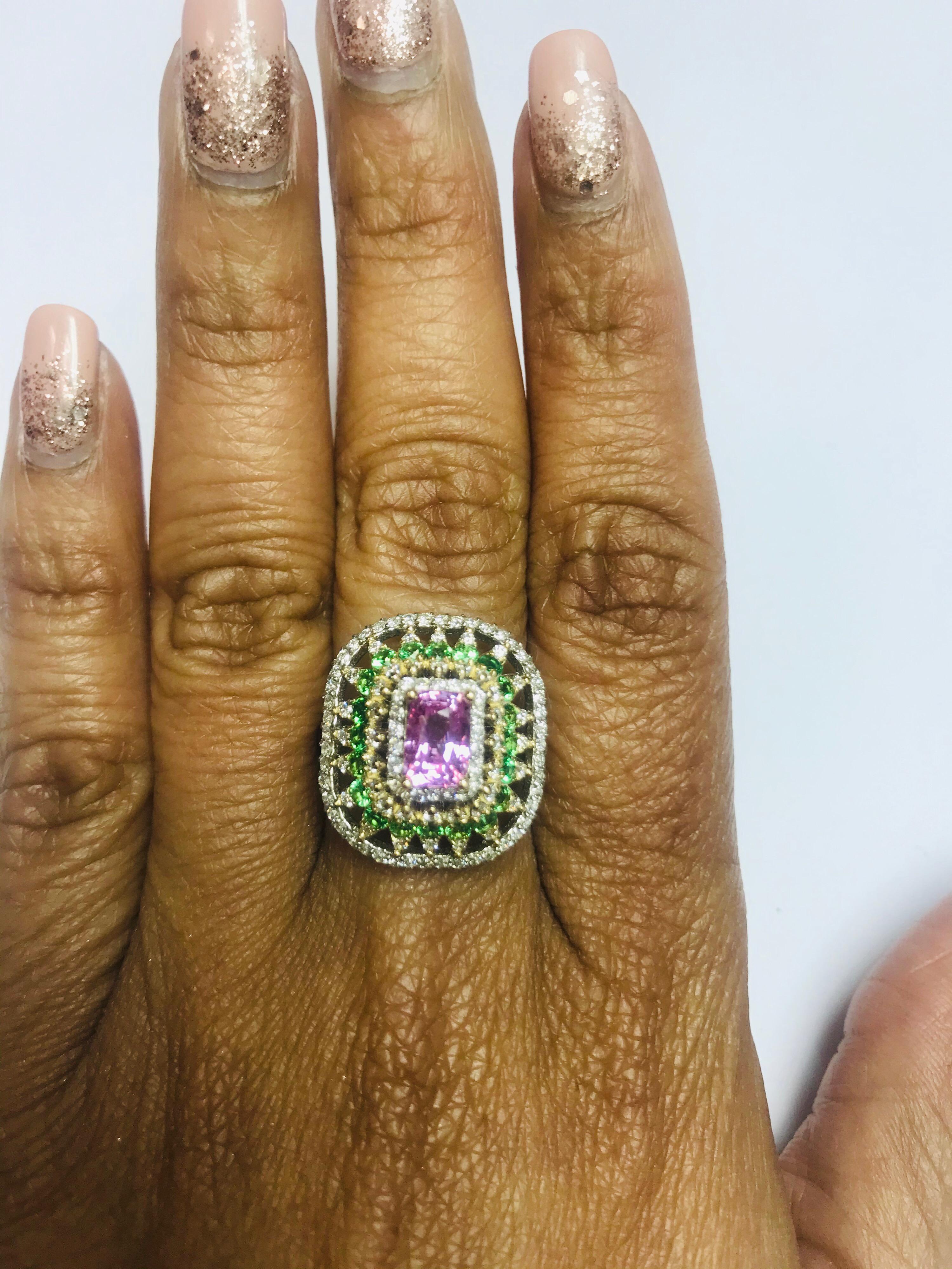 Women's 2.91 Carat Pink Sapphire Tsavorite Diamond 14 Karat White Gold Ring GIA Cert For Sale