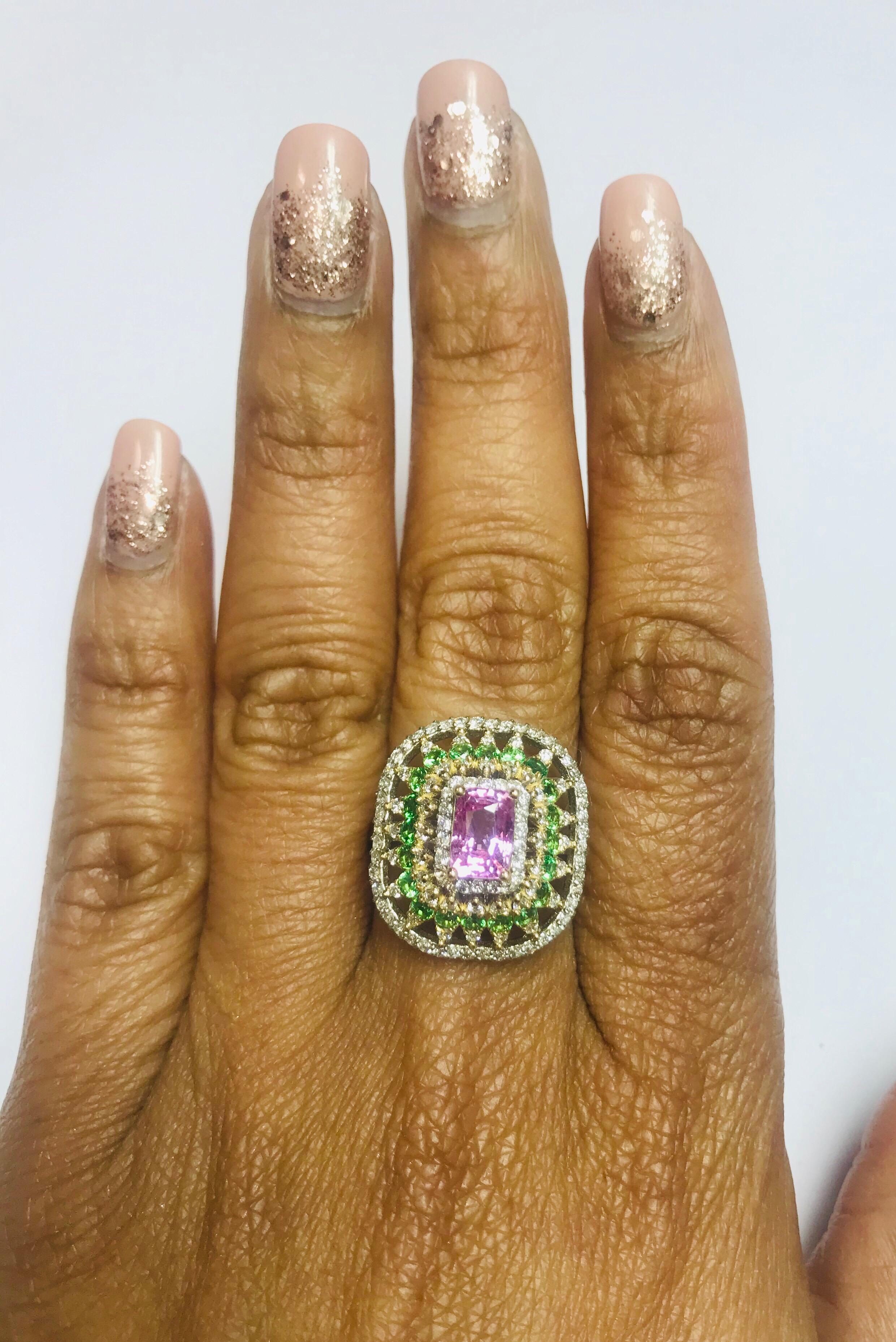 2.91 Carat Pink Sapphire Tsavorite Diamond 14 Karat White Gold Ring GIA Cert For Sale 1
