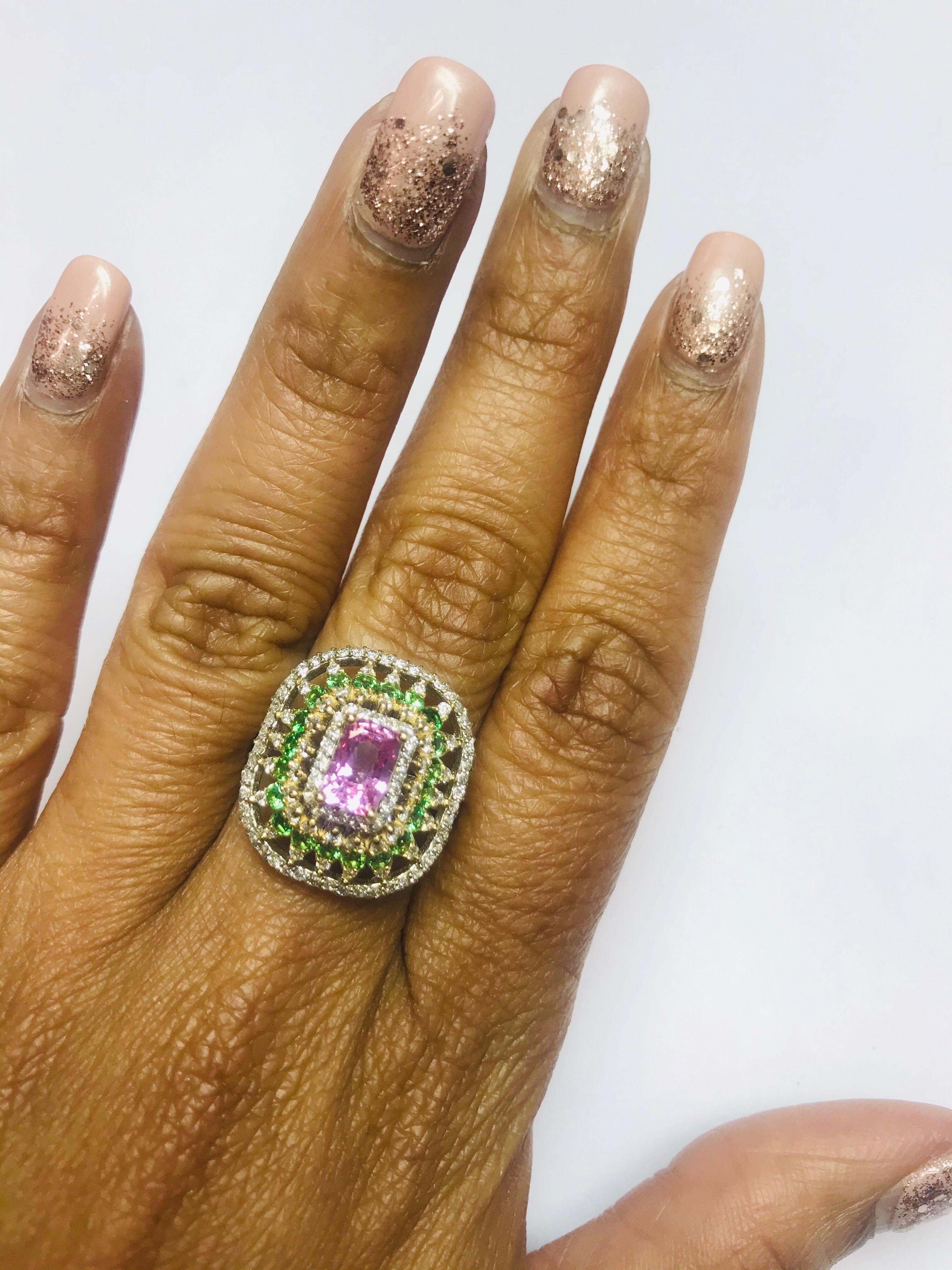 2.91 Carat Pink Sapphire Tsavorite Diamond 14 Karat White Gold Ring GIA Cert For Sale 2