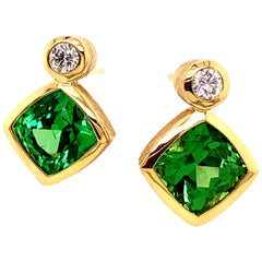 2.91 Carat Tsavorite Garnet and Diamond Yellow Gold Stud Earrings