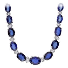 29.10 Carat Natural Blue Sapphire and Diamond 14 Karat Solid White Gold Necklace