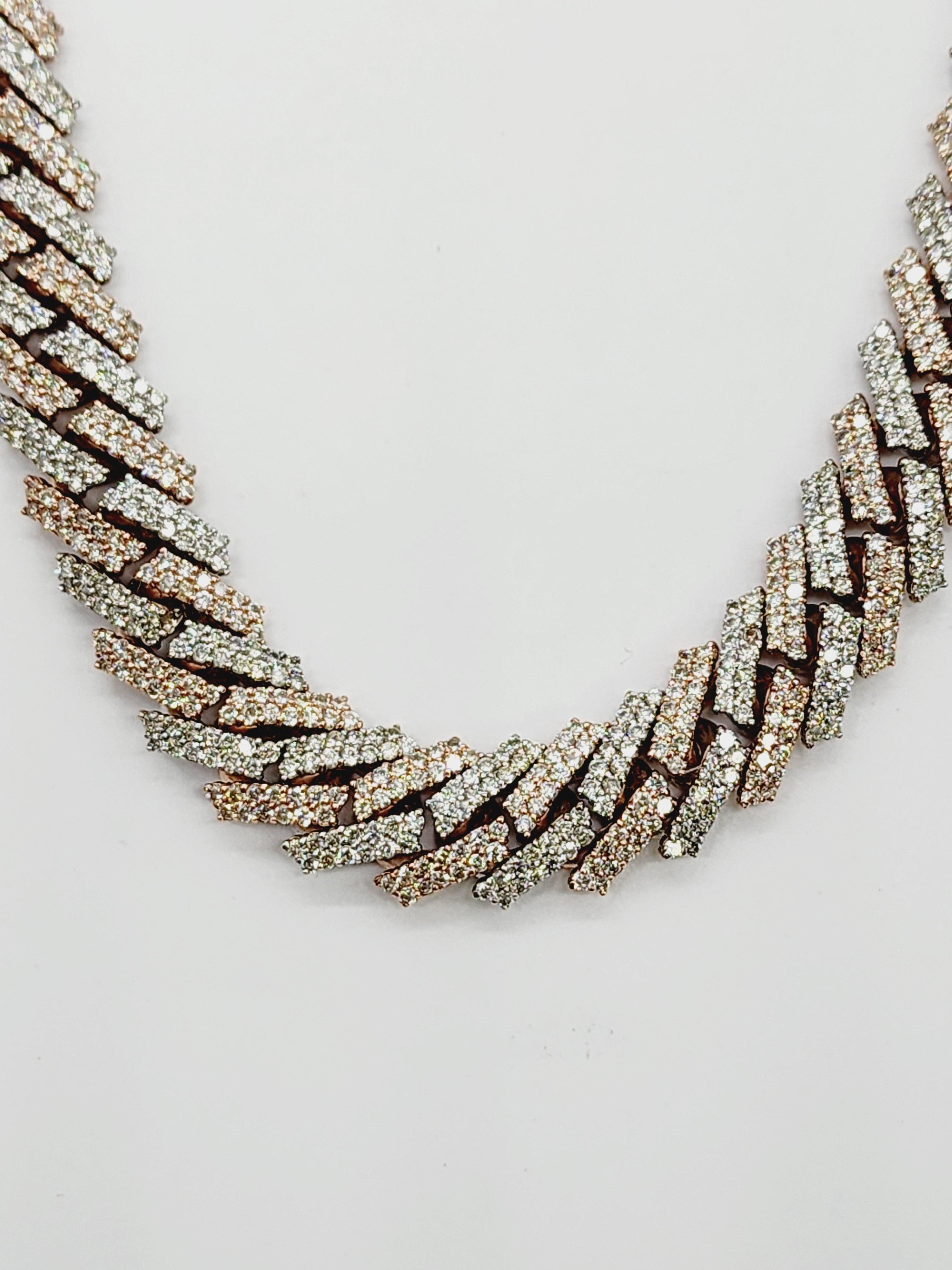 Women's or Men's 29.15 Carats Diamonds Cuban Two-Tone Necklace Chain 14 Karats Gold 16'' For Sale