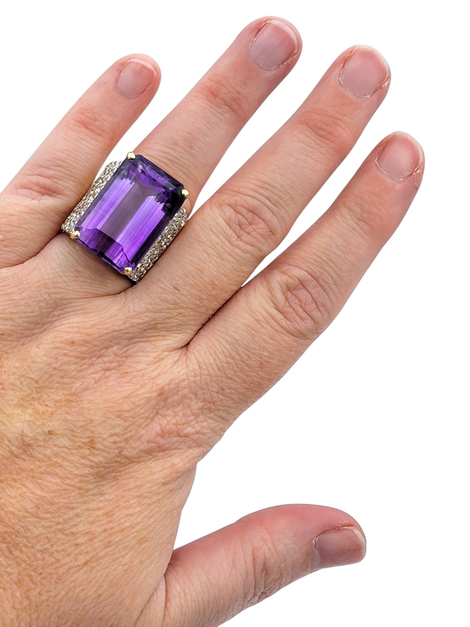 29.16 Carat Emerald Cut Amethyst and Pavé Diamond Cocktail Ring in 14 Karat Gold For Sale 5