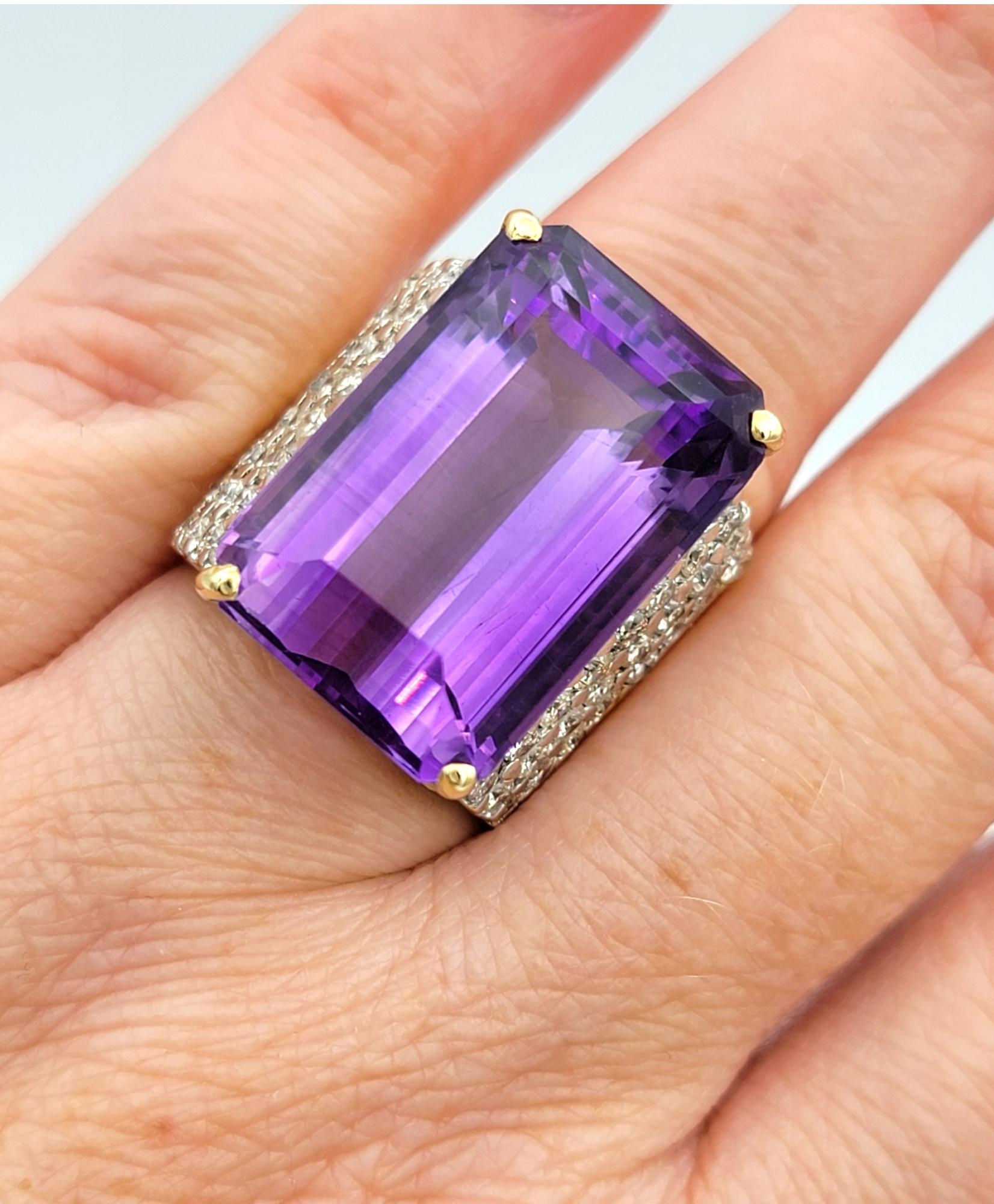 29.16 Carat Emerald Cut Amethyst and Pavé Diamond Cocktail Ring in 14 Karat Gold For Sale 6