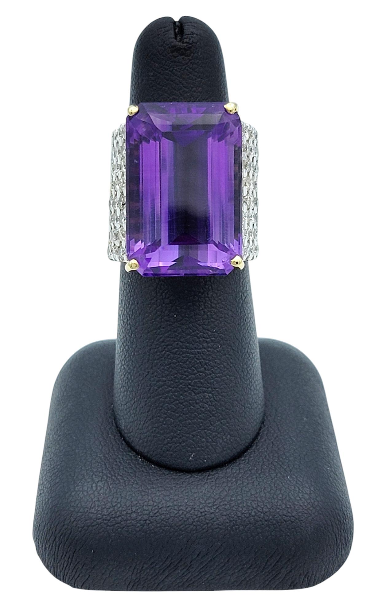 29.16 Carat Emerald Cut Amethyst and Pavé Diamond Cocktail Ring in 14 Karat Gold For Sale 7