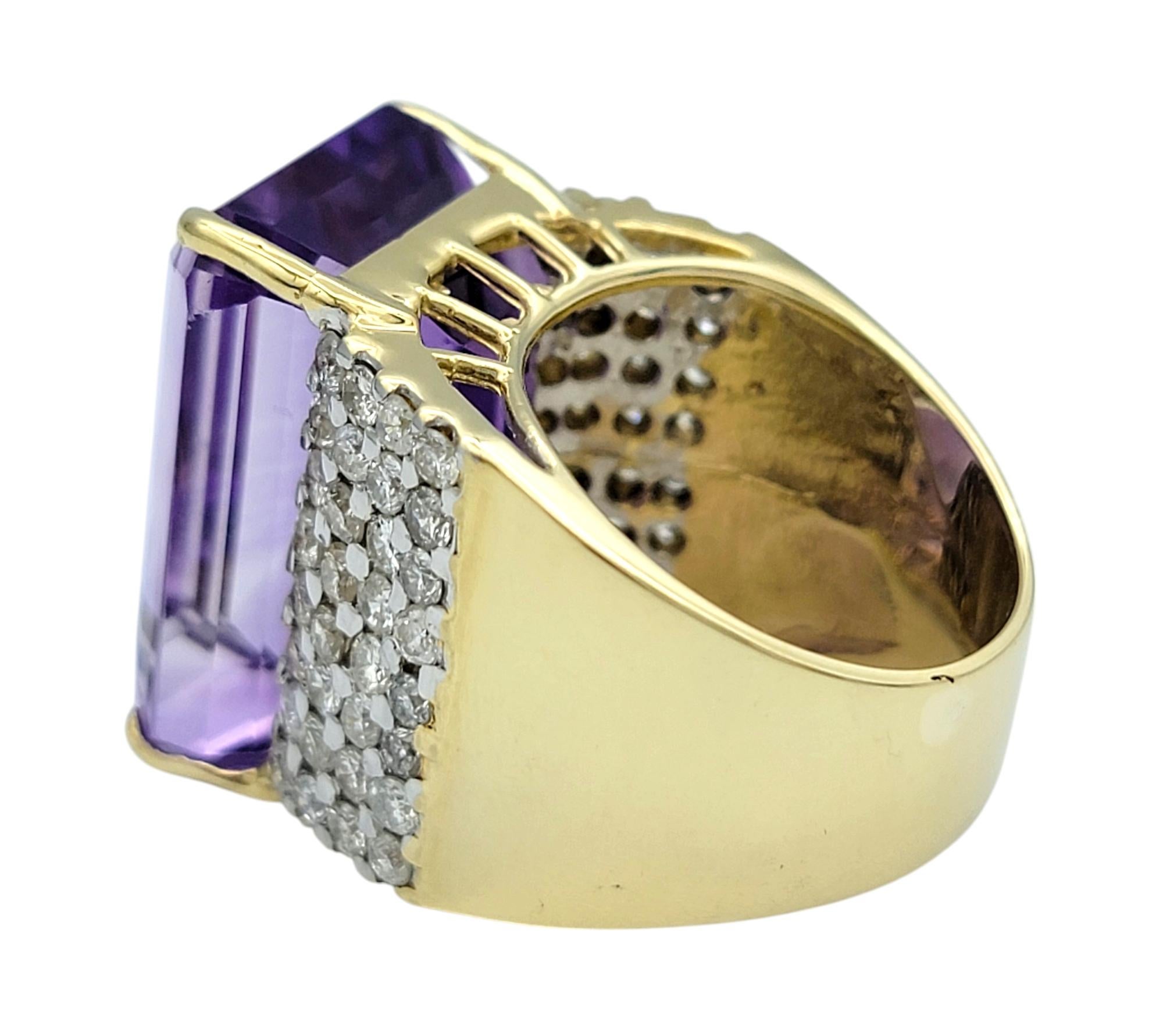 29.16 Carat Emerald Cut Amethyst and Pavé Diamond Cocktail Ring in 14 Karat Gold For Sale 1