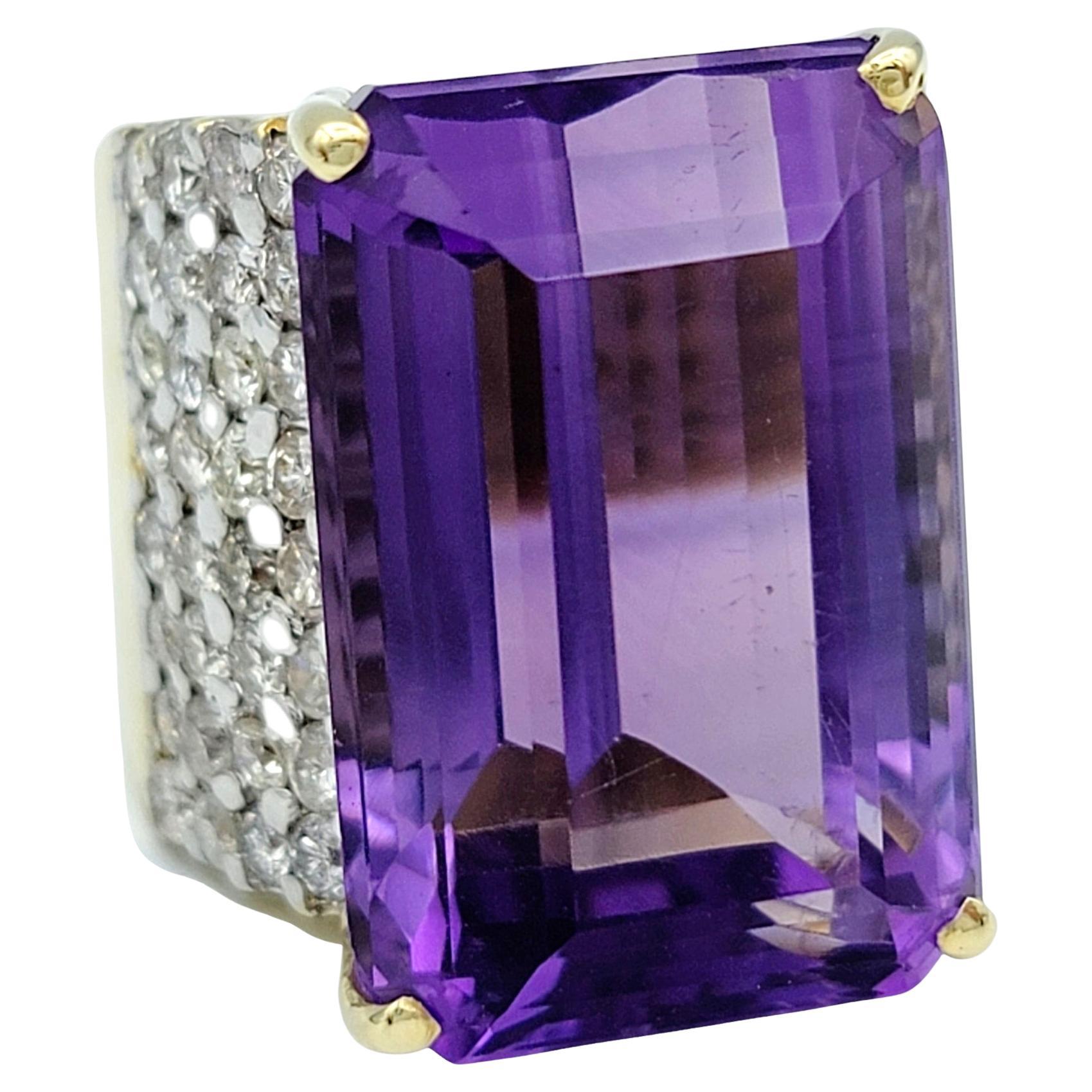 29.16 Carat Emerald Cut Amethyst and Pavé Diamond Cocktail Ring in 14 Karat Gold For Sale