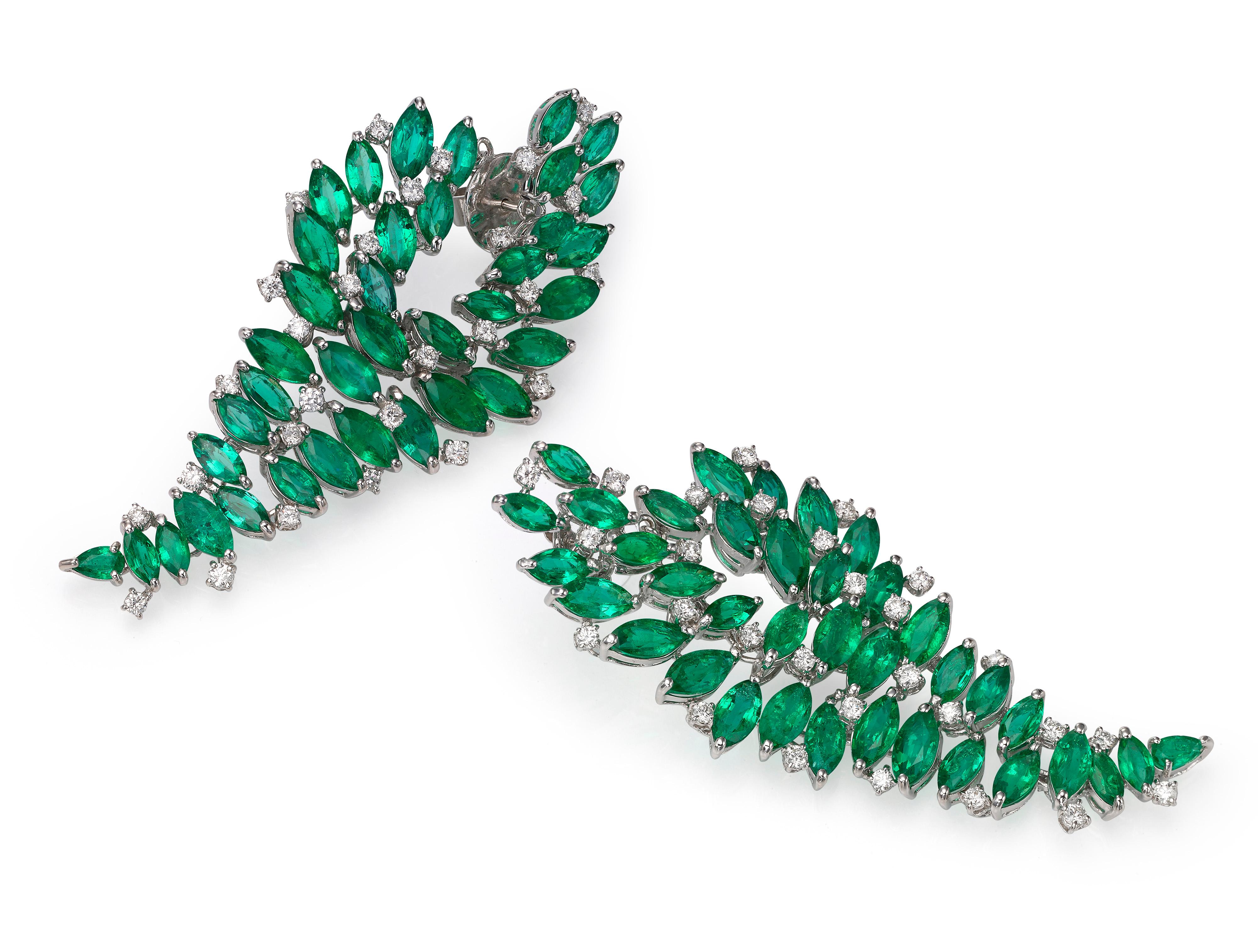 Contemporary 29.17 Carat Marquise Emerald Diamond 18 Karat White Gold Chandelier Earrings For Sale